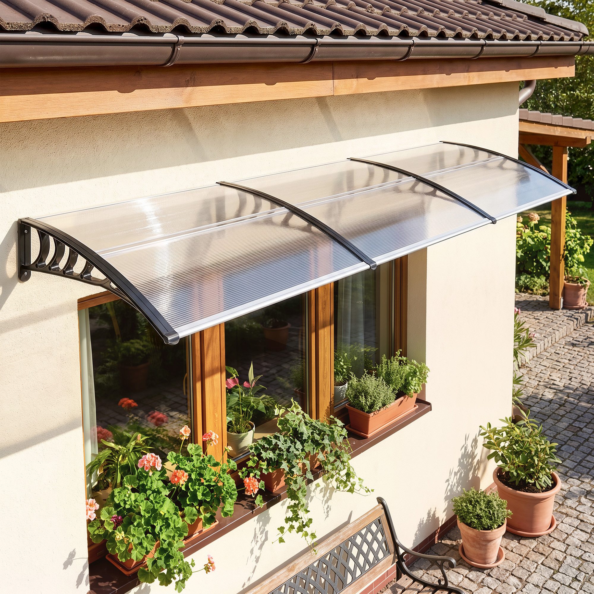 Outsunny Pultvordach Vordach für Haustür Überdachung 90 x 295 cm (Pultbogenvordach mit UV-Schutz, 1 St., Haustürdach Sonnenschutz aus Polycarbonat), Regenschutz für Outdoor, Weiß