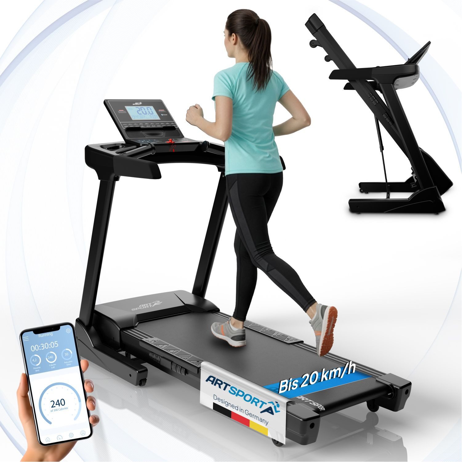 ArtSport Laufband Speedrunner 6000, klappbar, elektrisch, bis 20 km/h, 5 Grad Neigung, Bluethooth