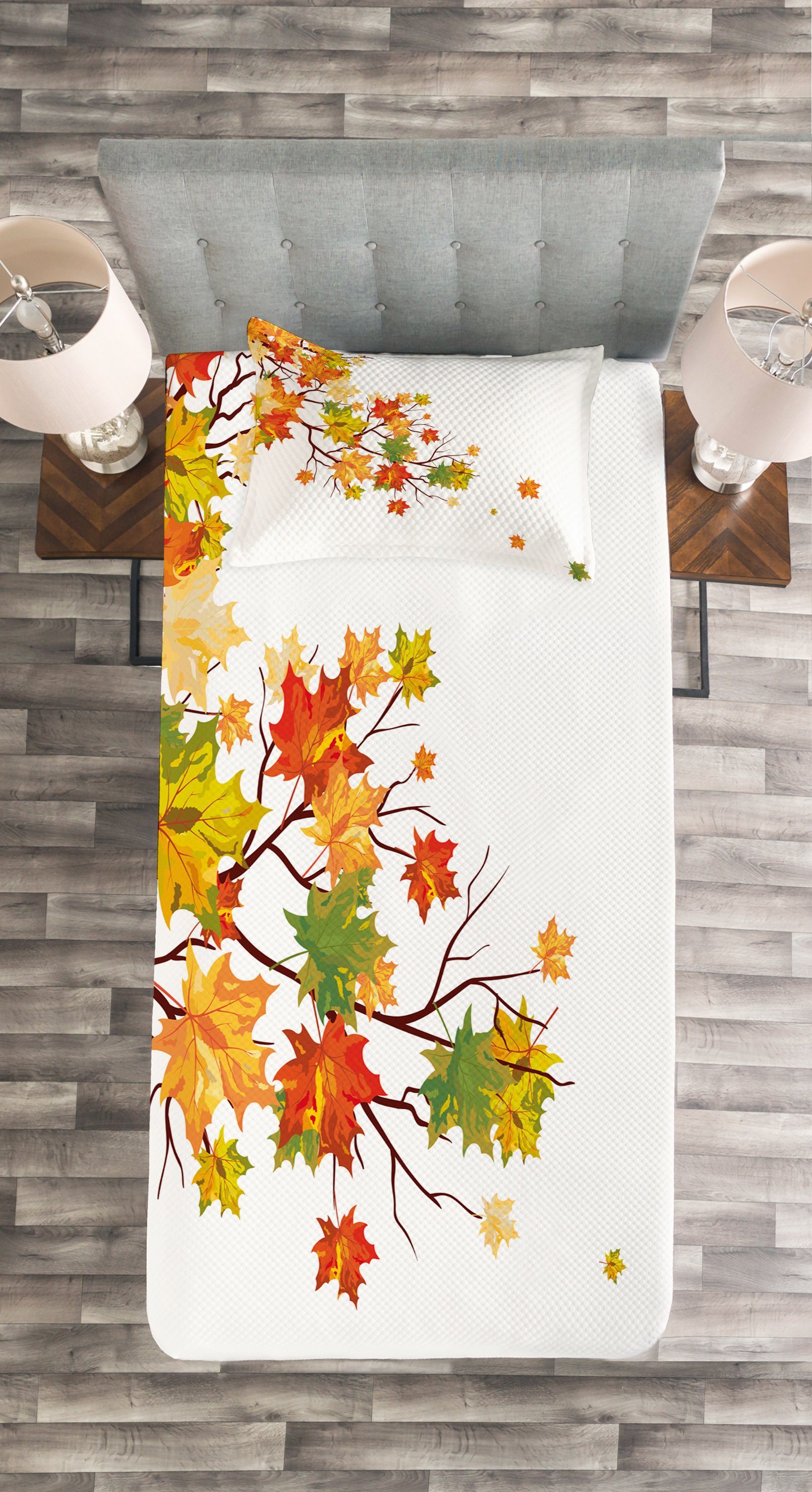 Tagesdecke Set mit Herbst-Laub Kissenbezügen Maple Abakuhaus, Waschbar, Leaf Fallen