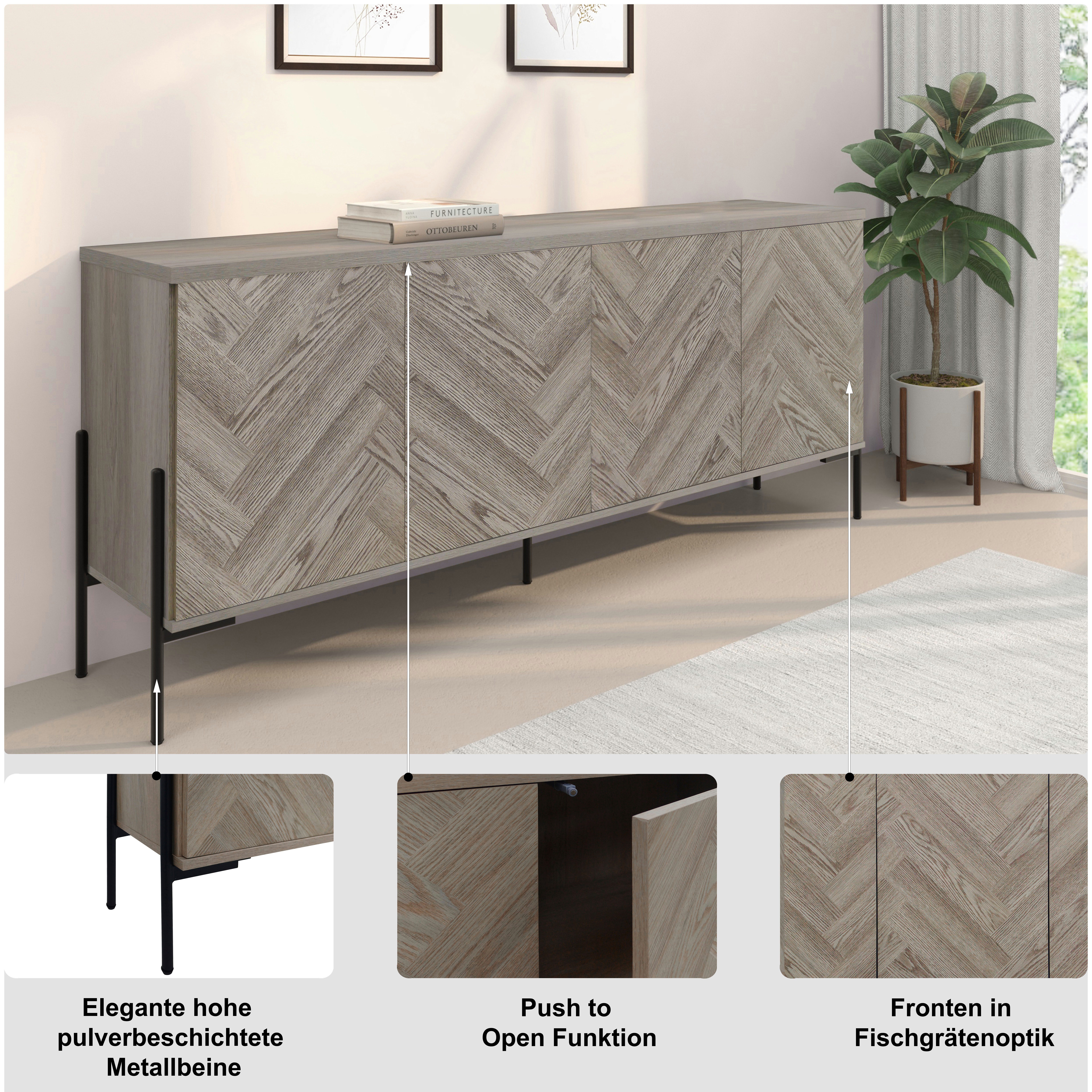 OTTO home Sideboard Eadwine, Kommode, Push-to-open, Türen mit Fischgräten Muster, Breite 175 cm