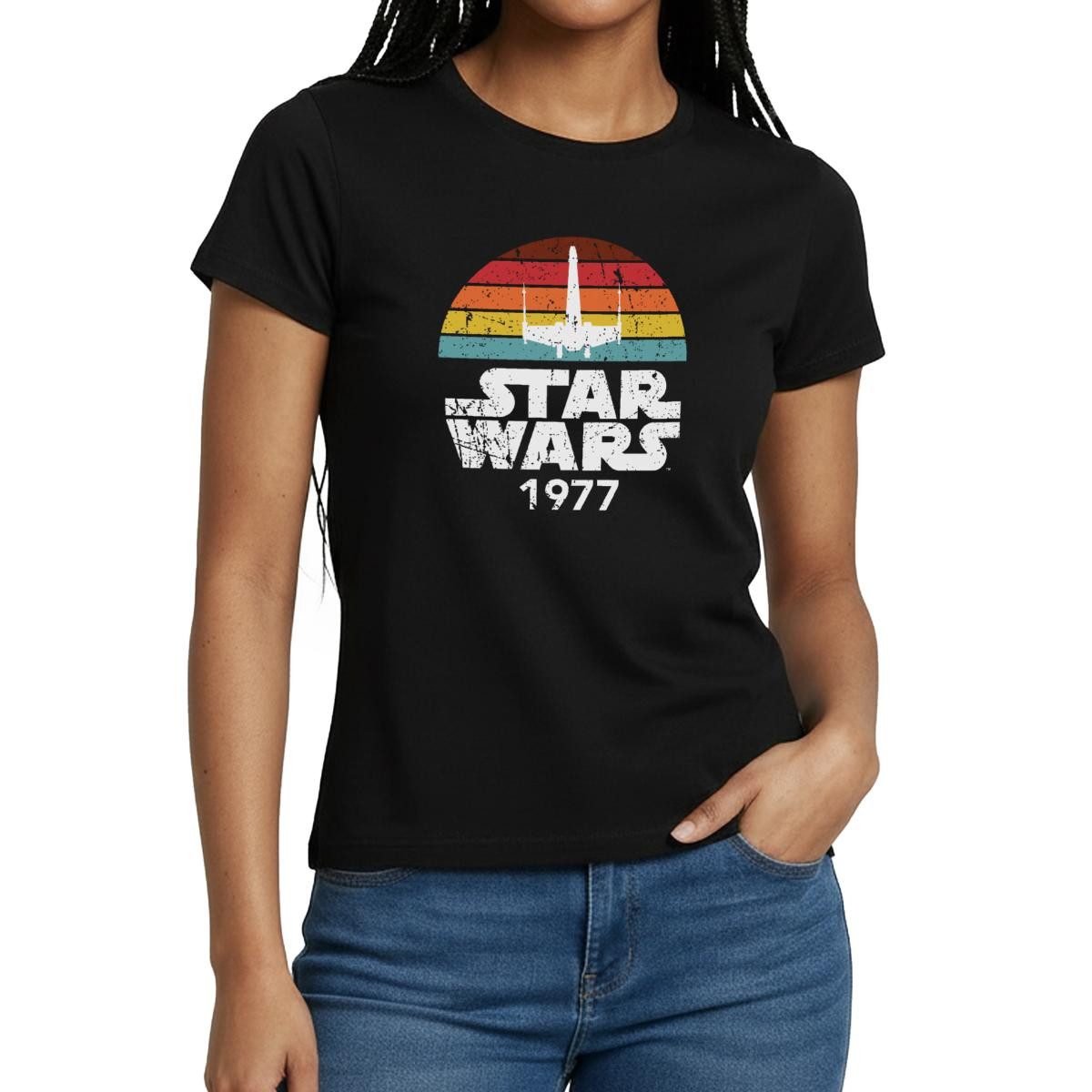 Spreadshirt T-Shirt Star Wars Schriftzug 1977 Retro Frauen T-Shirt (1-tlg)