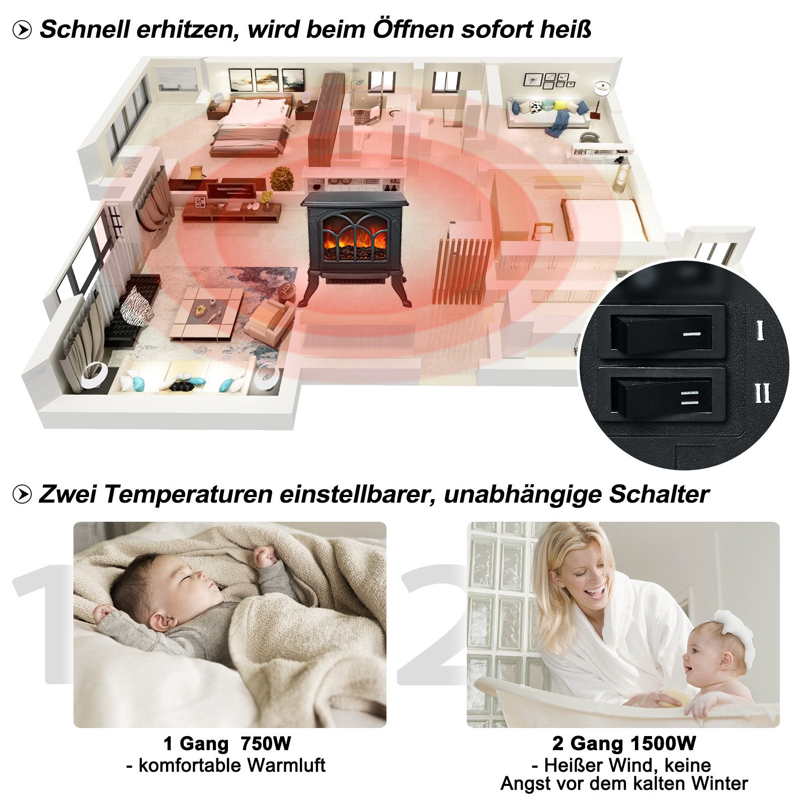 FIVMEN Heizgerät Elektrokamin mit Heizlüfter, Kaminfeuer Effek Kaminofen Flammeneffekt – Bild 4 von 5