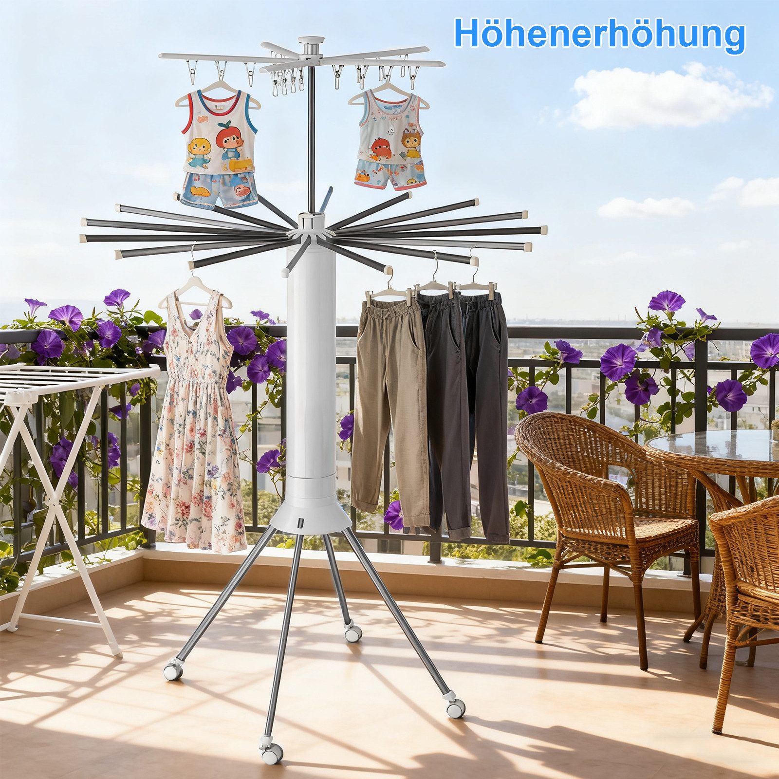 PFCTART Kleiderständer Wäscheständer Turm „Octopus“ mit Rollen – Doppelt klappbar & 2 Etagen, (Set, 1 St., Aus Edelstahl & Alu - Für Innen & Außen, mobil & stabil), 360° drehbare Wäschespinne - 16 Stangen & 20 Klammern, platzsparend