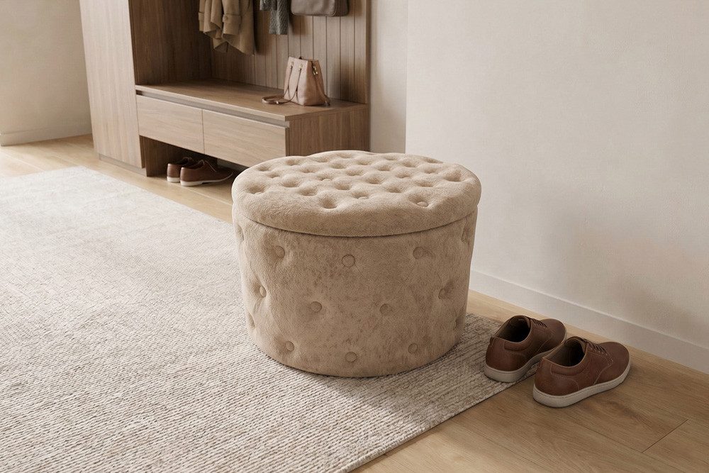 riess-ambiente Sitzhocker MODERN BAROCK 60cm champagner greige - Bouclé, mit Stauraum, Barock (Einzelartikel, 1 St), Eleganter Sitz - ideal für Ankleide, Flur, Wohnzimmer & Garderobe