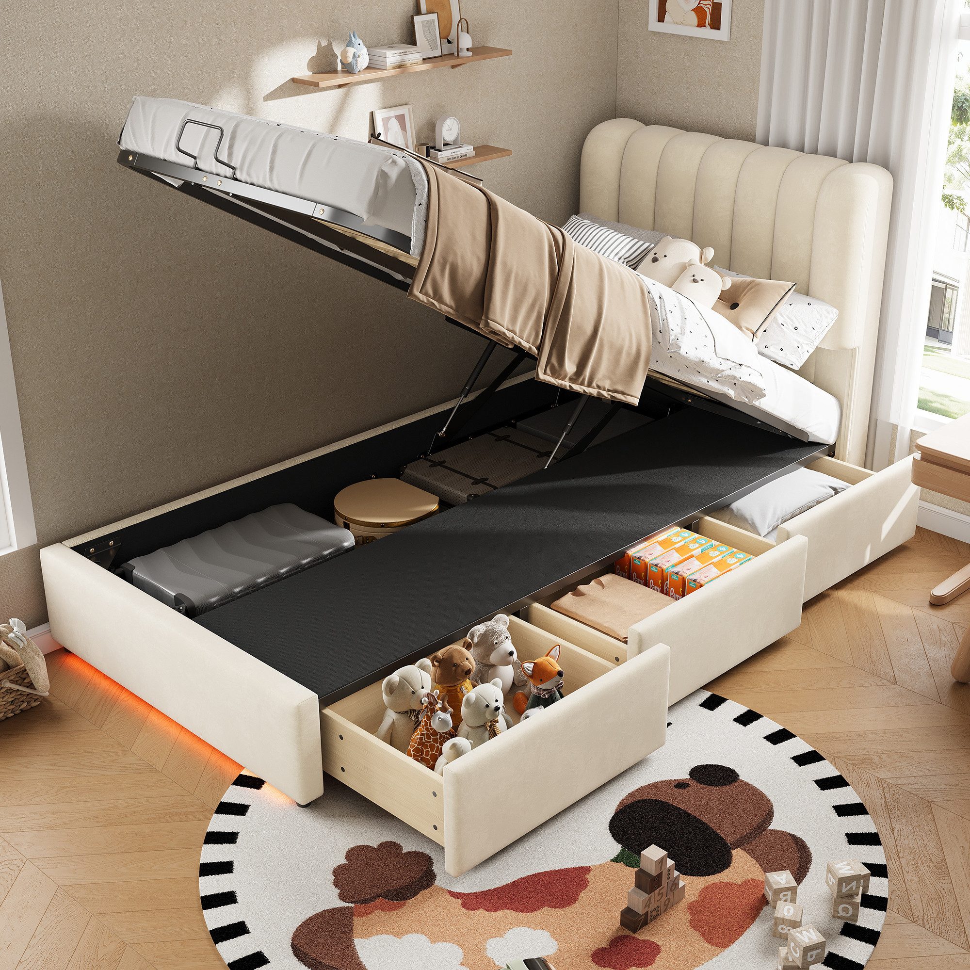 TavilaEcon Boxspringbett Stauraumbett mit großem Stauraum, 3 Schubladen und LED-Lichtleiste (1-St), mit weichem Samtbezug, 90×200cm, beige