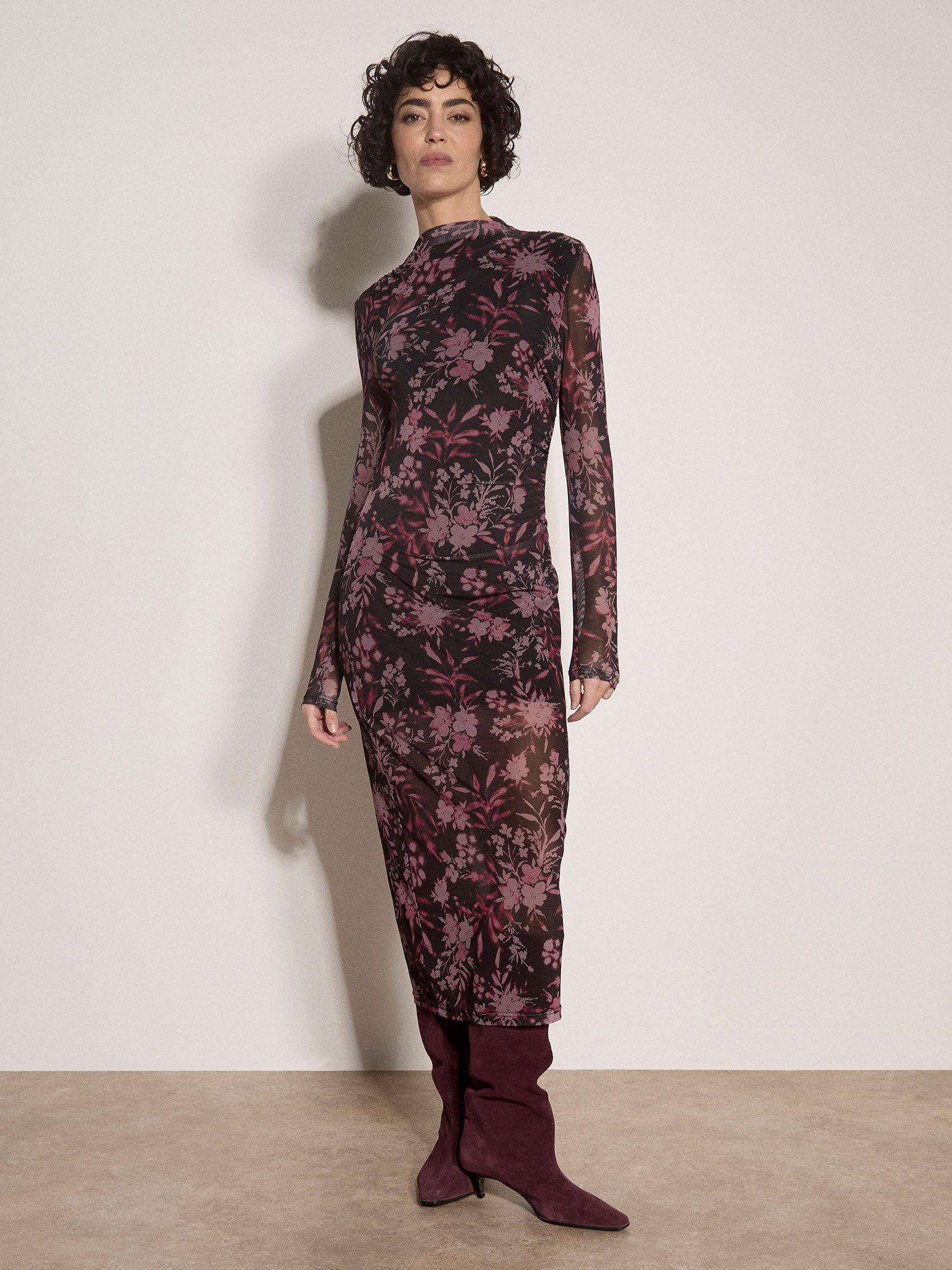 Apricot Midikleid Florales Netzstoffkleid mit Raffungen