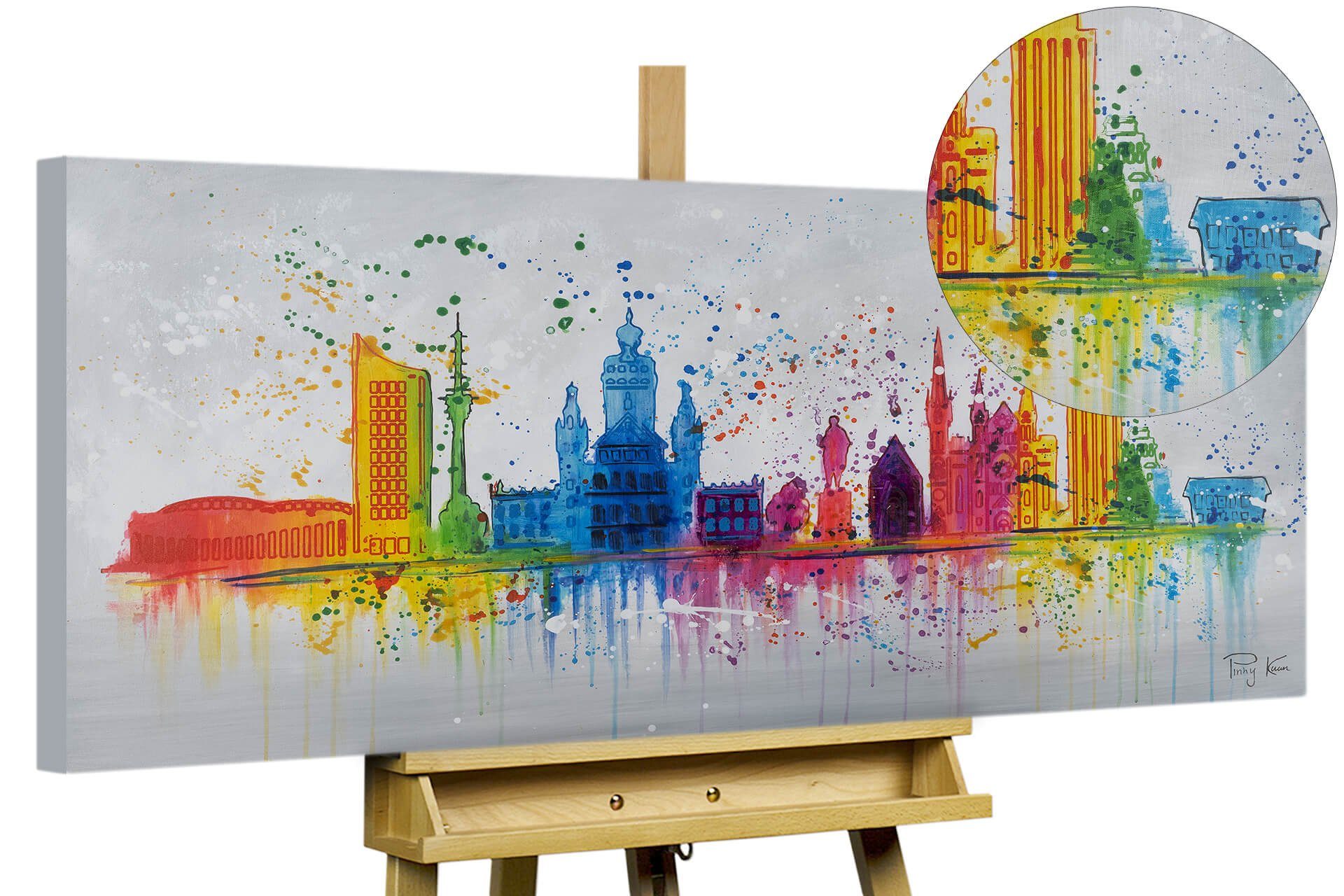 KUNSTLOFT Gemälde Leipzig Silhouette 120x60 cm, Leinwandbild 100% HANDGEMALT Wandbild Wohnzimmer