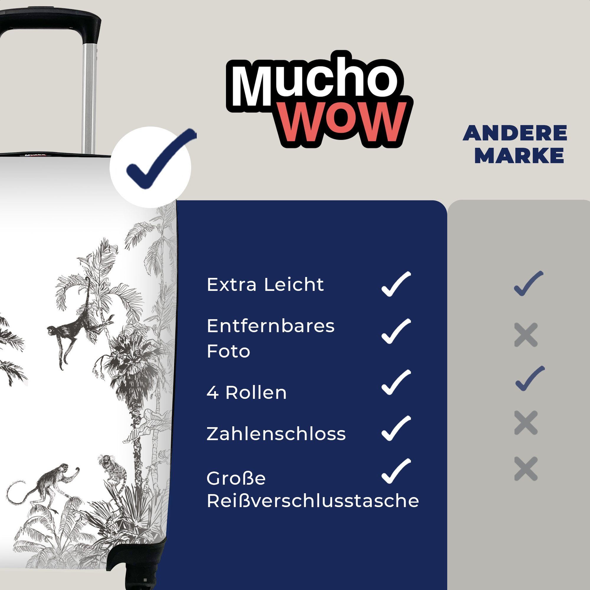 MuchoWow Handgepäckkoffer - - Reisekoffer mit Affe, 4 Weiß rollen, Ferien, Handgepäck für Trolley, Schwarz - Reisetasche Rollen, Dschungel