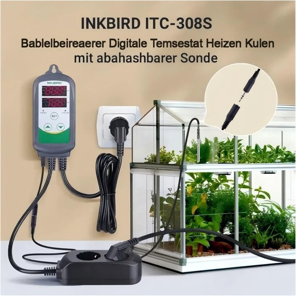 INKBIRD Raumthermostat ITC-308S Digitale Temperaturregler, Abnehmbar Metallsonde CF, max. 240 V AC V, Betriebsart: Heizen / Kühlen, (1-St), Doppeltes Displayfenster