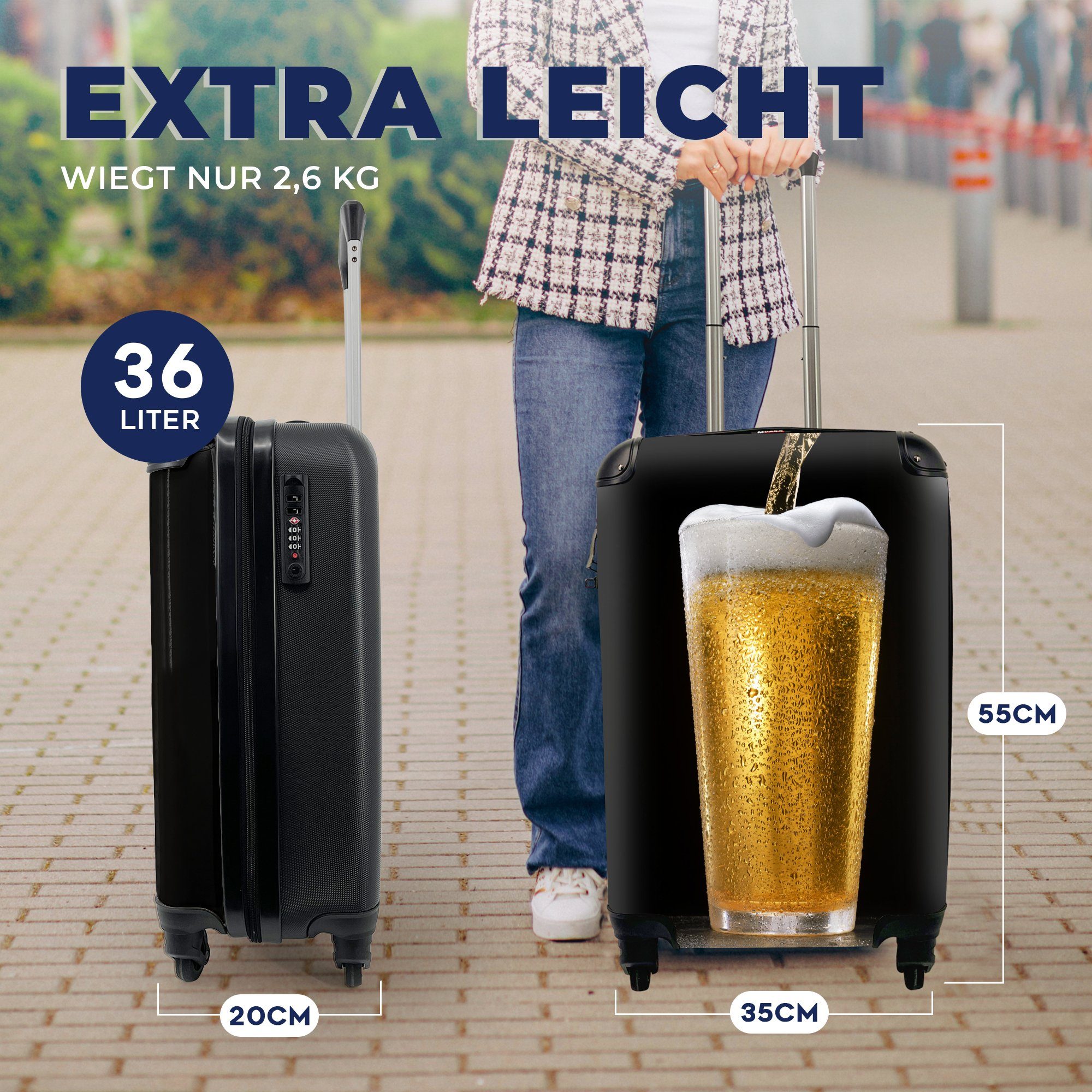 Handgepäck MuchoWow rollen, Bier Rollen, Ferien, Trolley, Handgepäckkoffer Reisetasche für auf mit 4 gezapftes Reisekoffer Hintergrund, Leckeres schwarzem