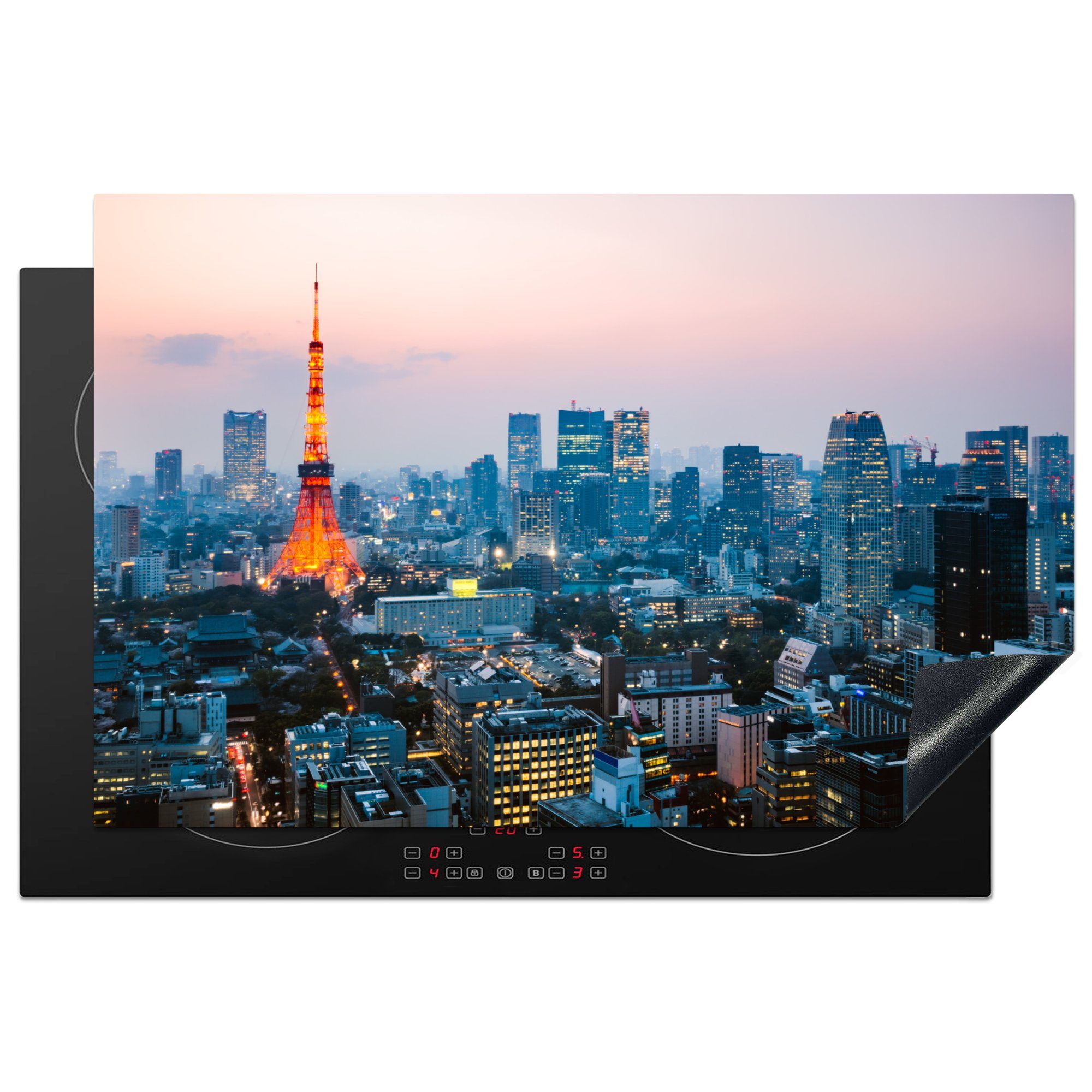 MuchoWow Herdblende-/Abdeckplatte Tokyo Tower und die Stadt Tokio am Abend, Vinyl, (1 tlg), 81x52 cm, Induktionskochfeld Schutz für die küche, Ceranfeldabdeckung