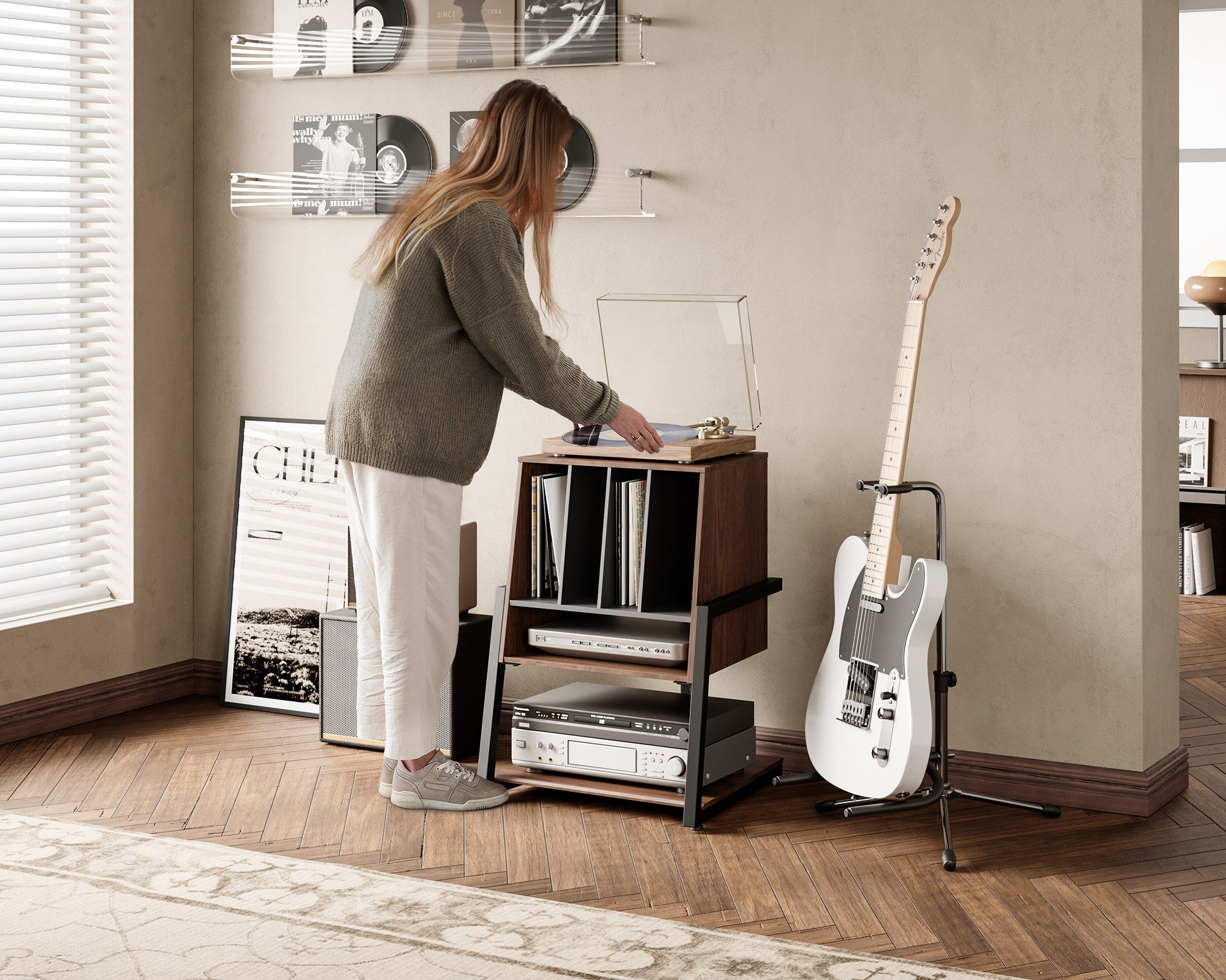 FITUEYES TV-Regal HIFI Rack, Phonomöbel, 5 Fächer, Stauraum für 120 Schallplatten, Für Plattenspieler, Schallplatten, Kompaktanlage