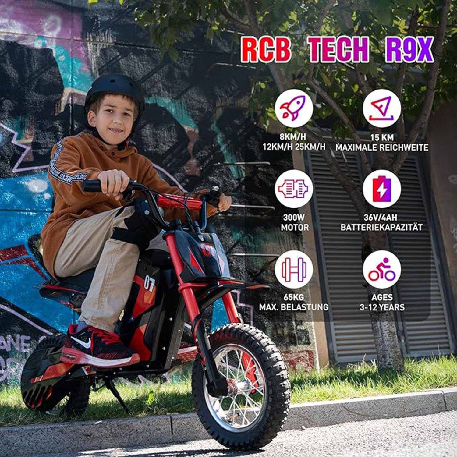 RCB Elektro-Kindermotorrad Reichweite 12" Geschwindigkeitsmodus, 15km, Max rot 25km/h, Luftreifen 3