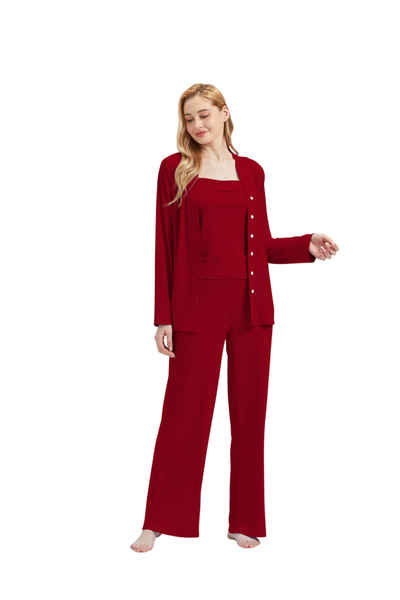 RAIKOU Schlafanzug Damen Pyjama-Set Damenwäsche V-Ausschnitt (Set, 3 tlg) incl.Jacket Top Hose