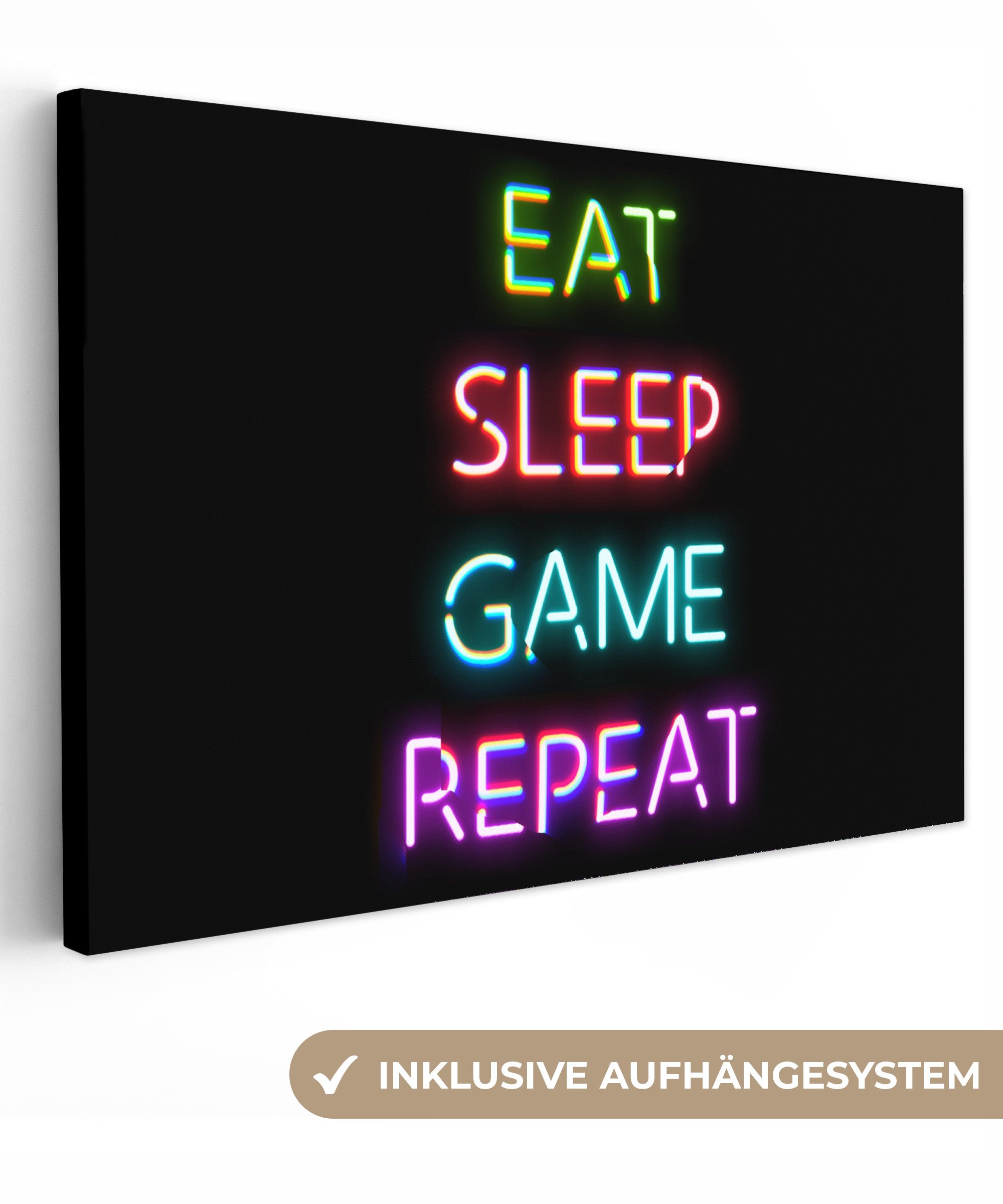 OneMillionCanvasses® Leinwandbild Gaming - Led - Zitat - Eat sleep game repeat - Gaming, Fotodruck (1 St), Leinwand Bilder Klein, Wand Dekoration Aesthetic 30x20 cm