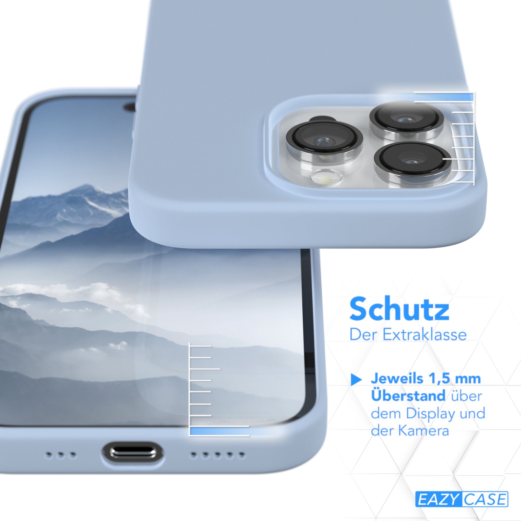 EAZY CASE Handyhülle Premium Silikon Case für Apple iPhone 14 Pro 6,1 Zoll, Slimcover mit Displayschutz Hülle Bumper Case kratzfest Etui Hellblau