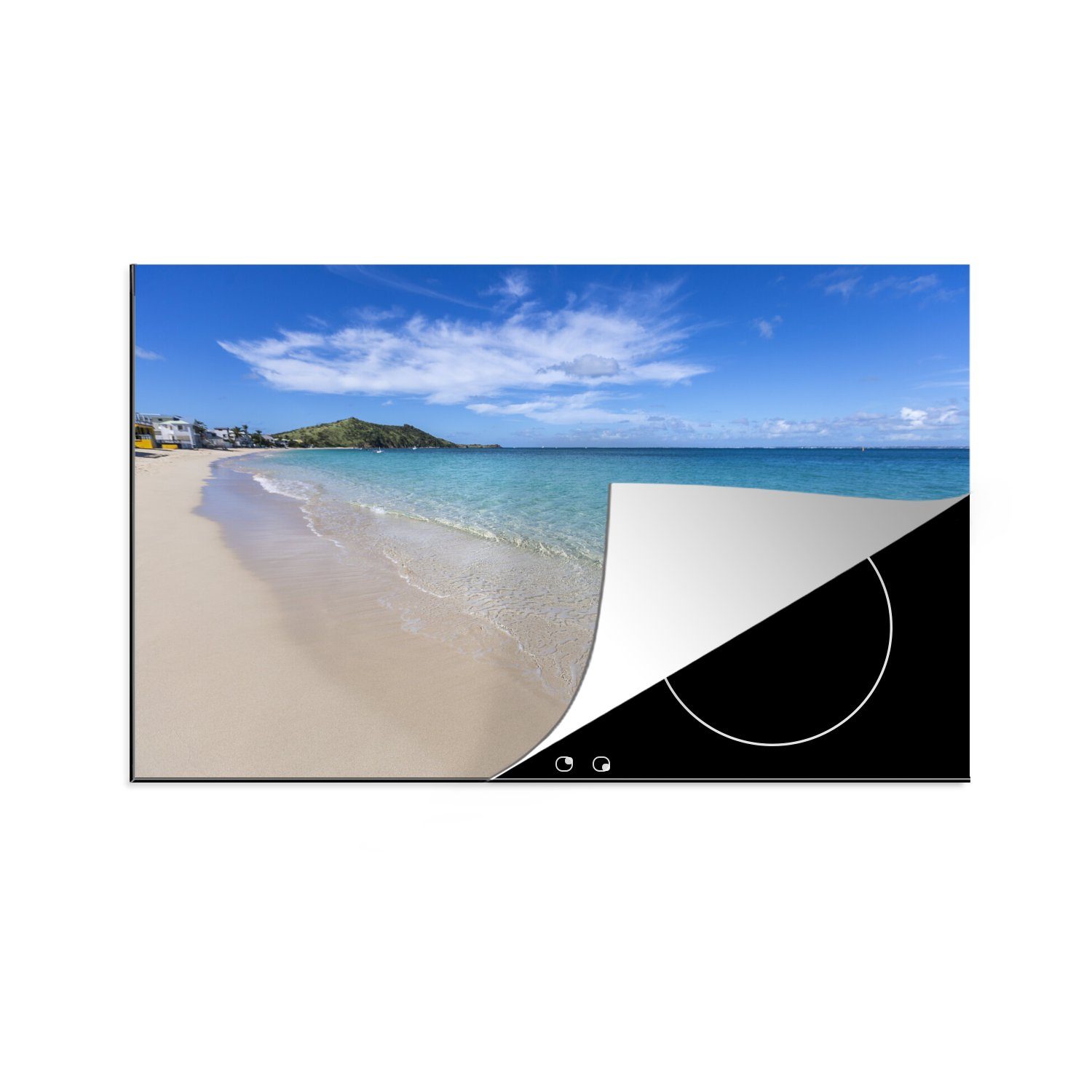 MuchoWow Herdblende-/Abdeckplatte Klares Meerwasser wird an den Strand von St. Maarten gespült, Vinyl, (1 tlg), 81x52 cm, Induktionskochfeld Schutz für die küche, Ceranfeldabdeckung