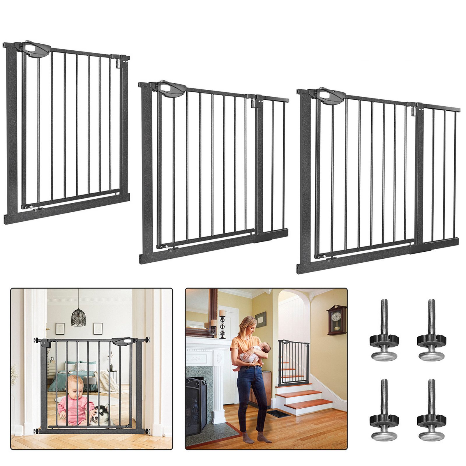 FIVMEN Treppenschutzgitter Türschutzgitter Treppengitter ohne bohren für Kindersicherheit, 76cm Hoch Weiß/Schwarz aus Metall