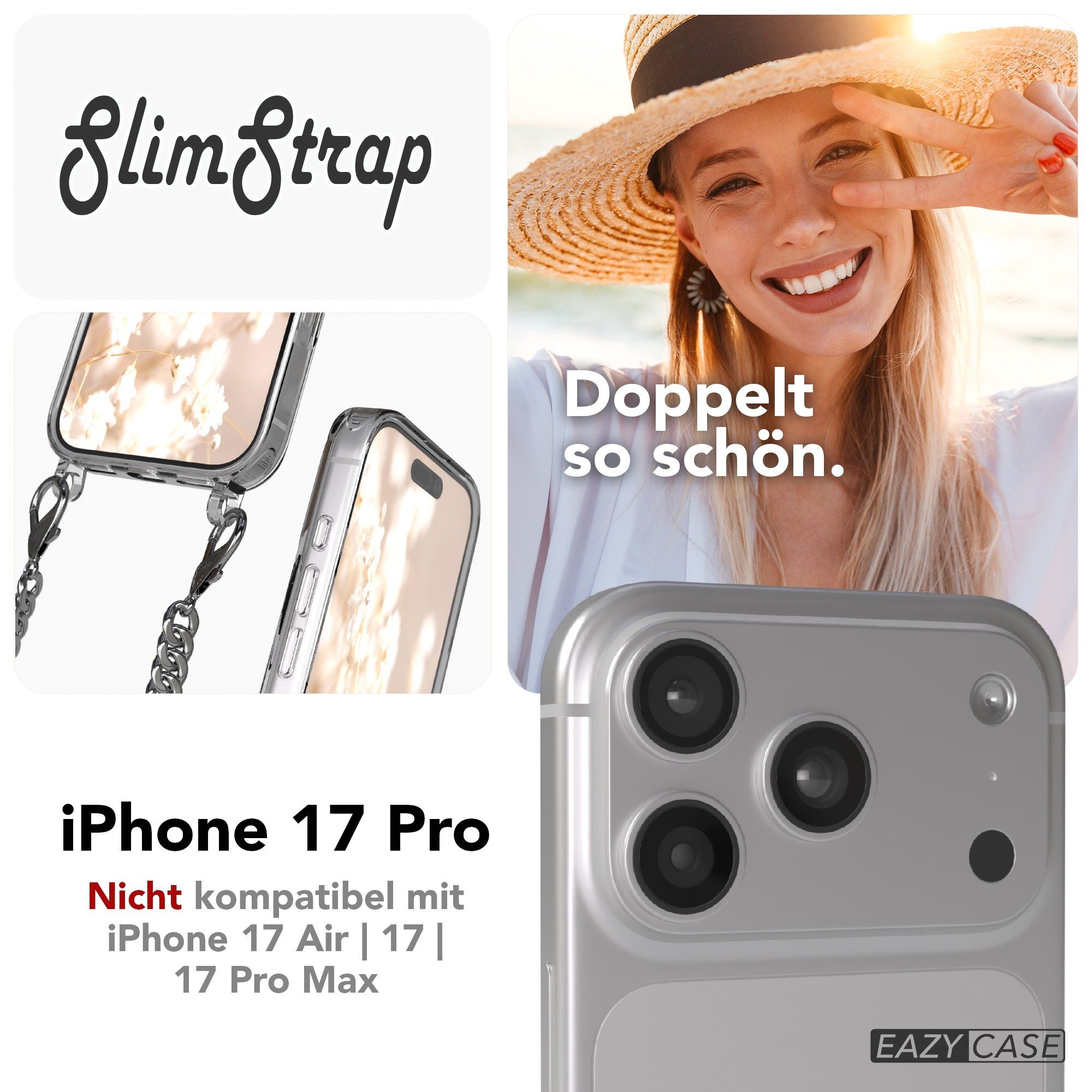 EAZY CASE Handykette 2in1 Metallkette MagSafe Hülle für iPhone 17 Pro 6,3 Zoll, Hülle mit Band Silikon Handytasche durchsichtig Chain Slimcover Silber