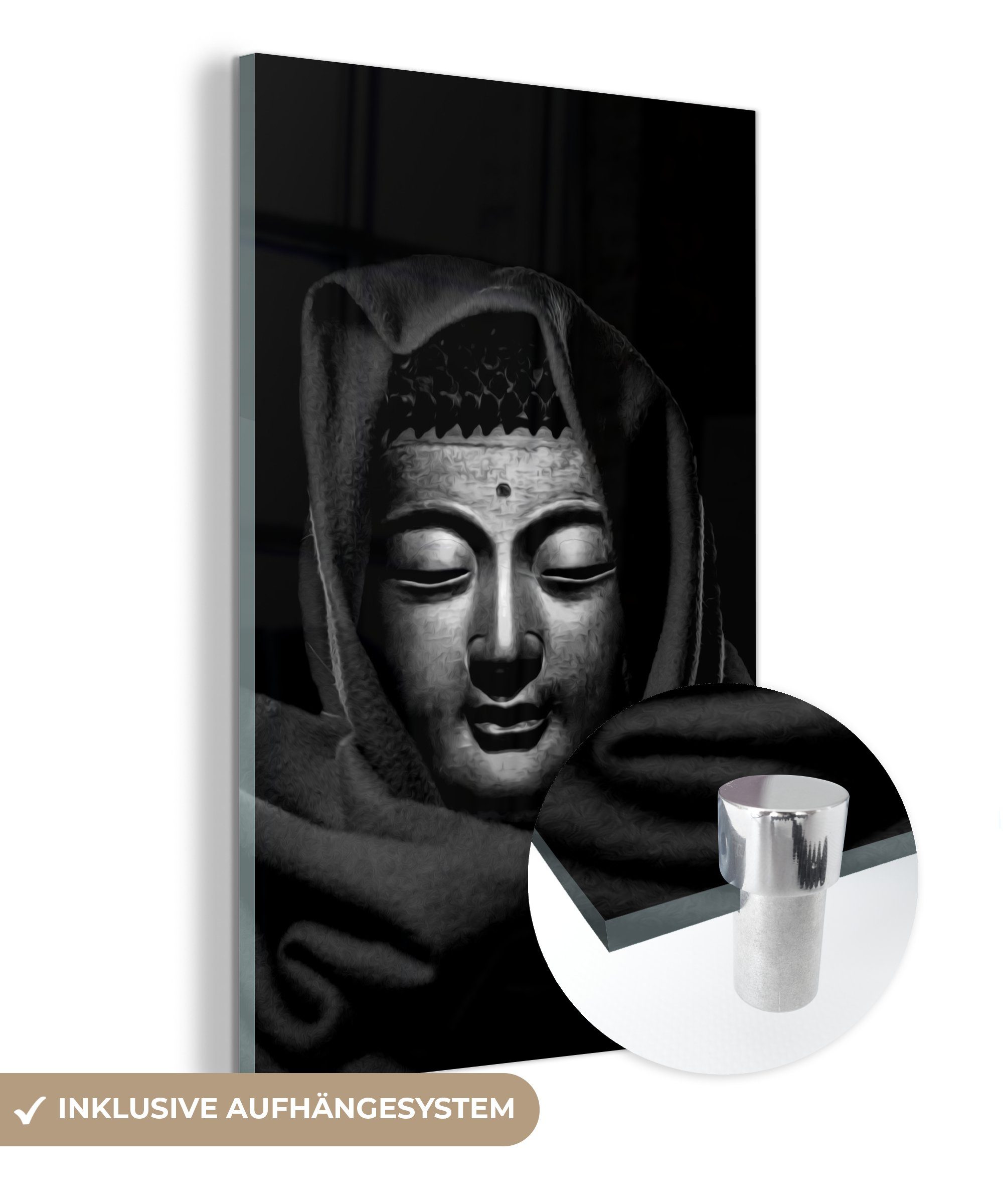 MuchoWow Acrylglasbild Kopf eines Kupferbuddhas mit Kopftuch - schwarz und weiß, (1 St), Glasbilder - Bilder auf Glas Wandbild - Foto auf Glas - Wanddekoration bunt