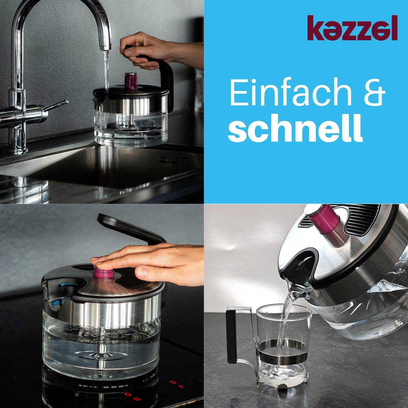 Kezzel Wasserkessel für Induktionsherde, 7-fach patentiert, 1,5 Liter Kapazität, Minimalistisches Design aus Edelstahl & Glas, (1-tlg), Automatische Abschaltfun – Bild 5 von 5