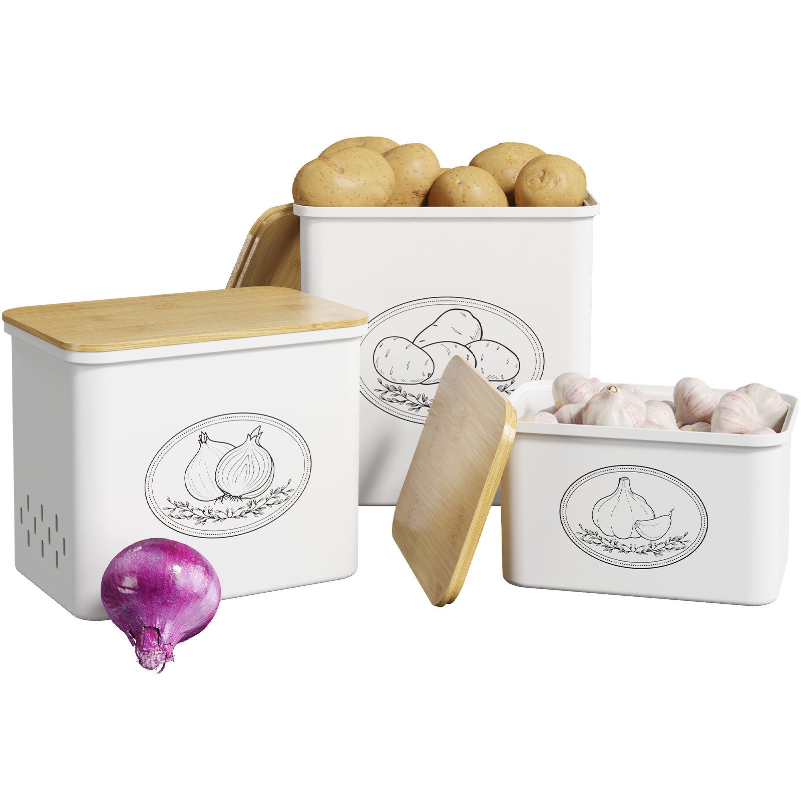 Lifewit Frischhaltedose Kartoffel Aufbewahrungsbox Kunststoff stapelbar, Frische Belüftung., Kunststoff, (Set, 3-tlg., 3-tlg,1 Kartoffel/1 Zwiebel/1 Knoblauch Vorratsdose), Wiederverwendbar