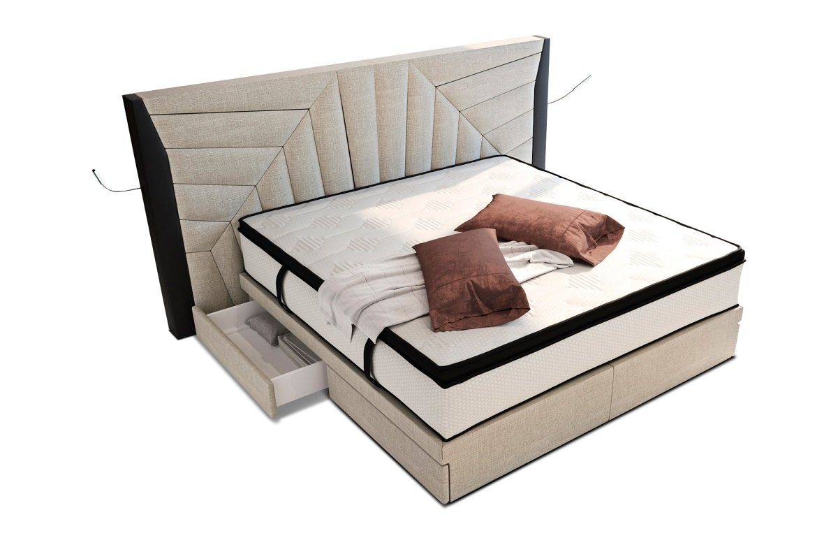 Sofa Dreams Boxspringbett Monaco Stoffbezug Strukturstoff, mit Topper, mit Schubladen, mit LED-Beleuchtung, mit USB-Anschlüssen