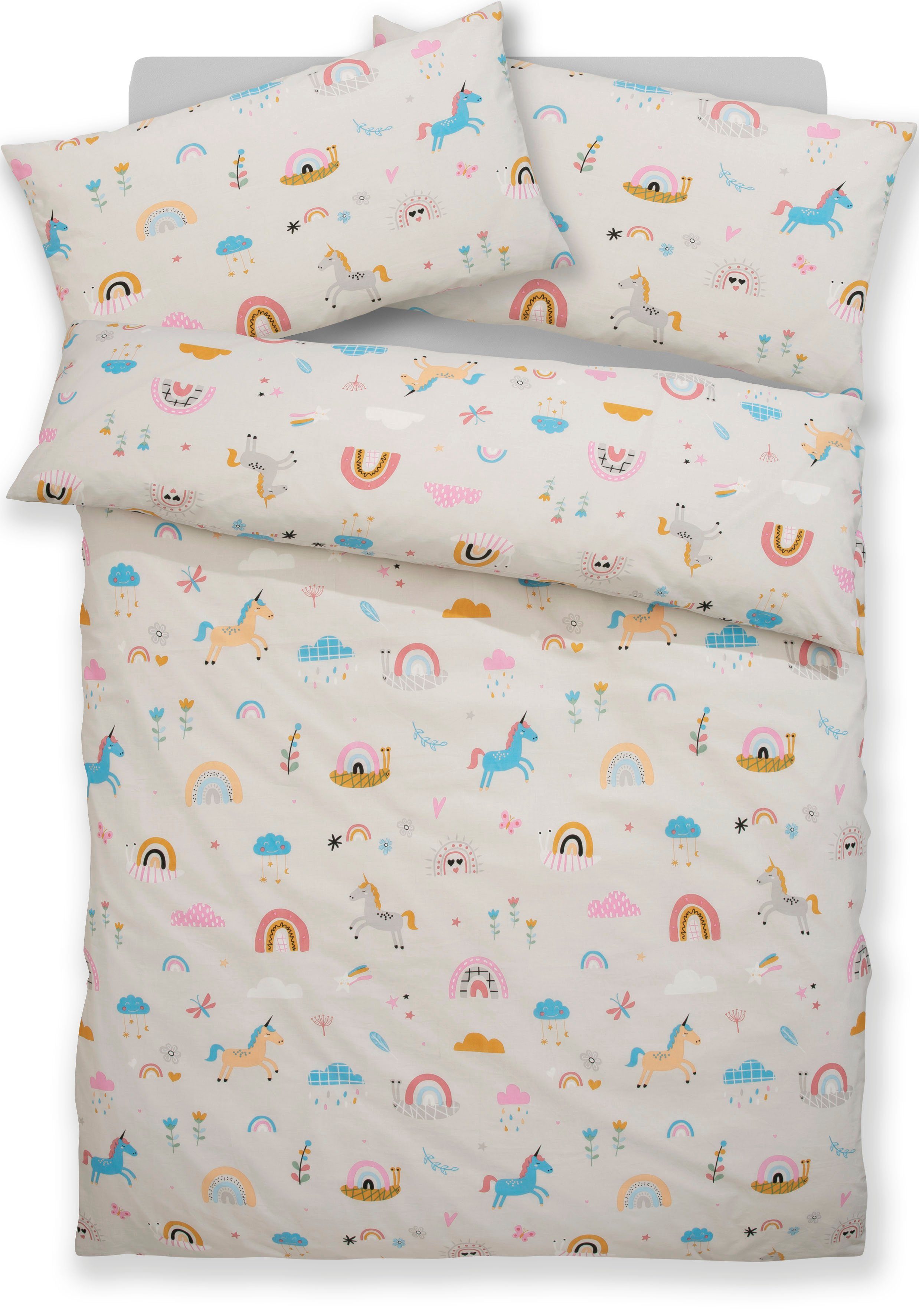 Kinderbettwäsche Cuddlee, Lüttenhütt, Renforcé, 2 teilig, in vielen Designs verfügbar: Dino,Einhorn,Weltraum,Baustelle beige