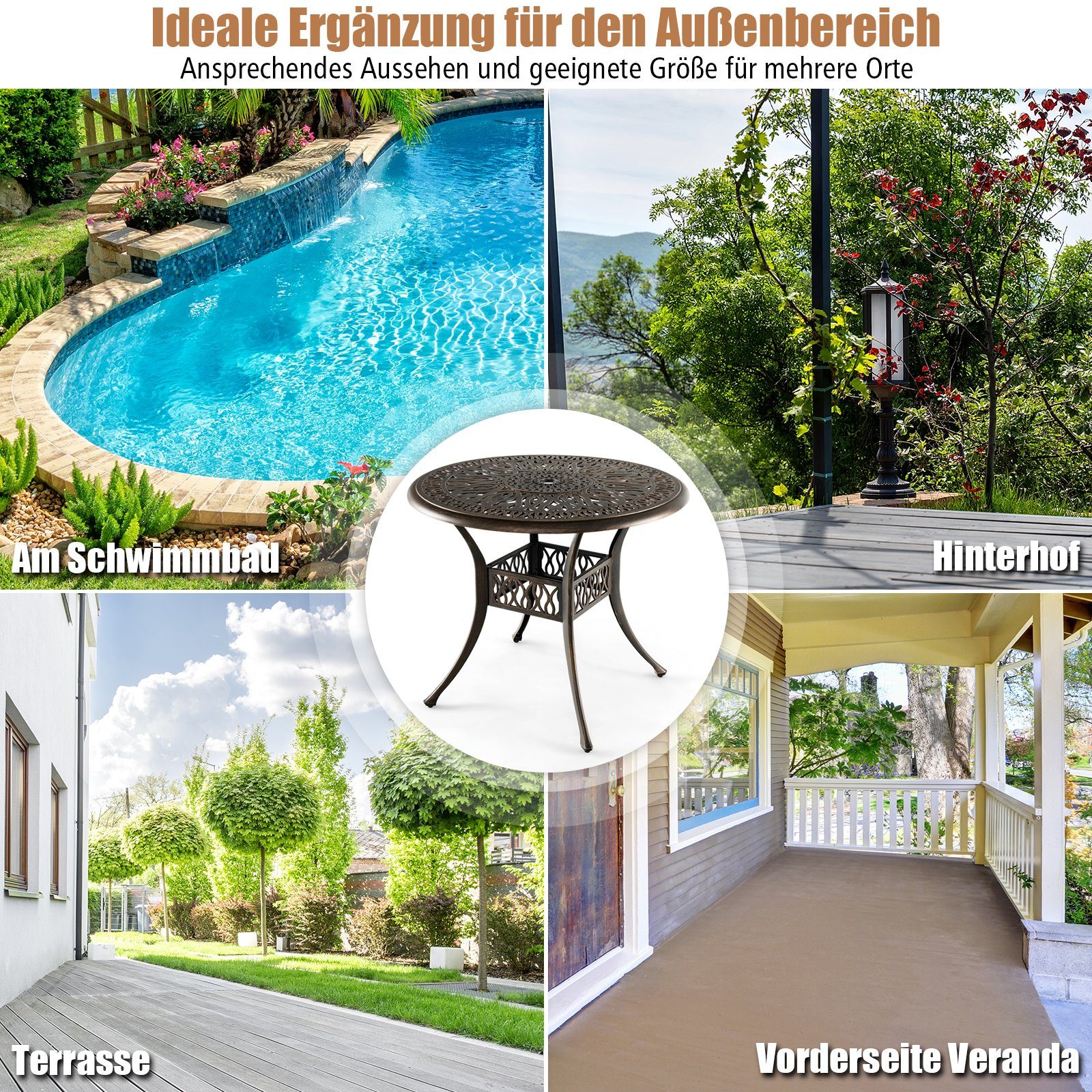 cm, φ90 Alu rund, Schirmloch, mit aus Gartentisch, Bistrotisch COSTWAY