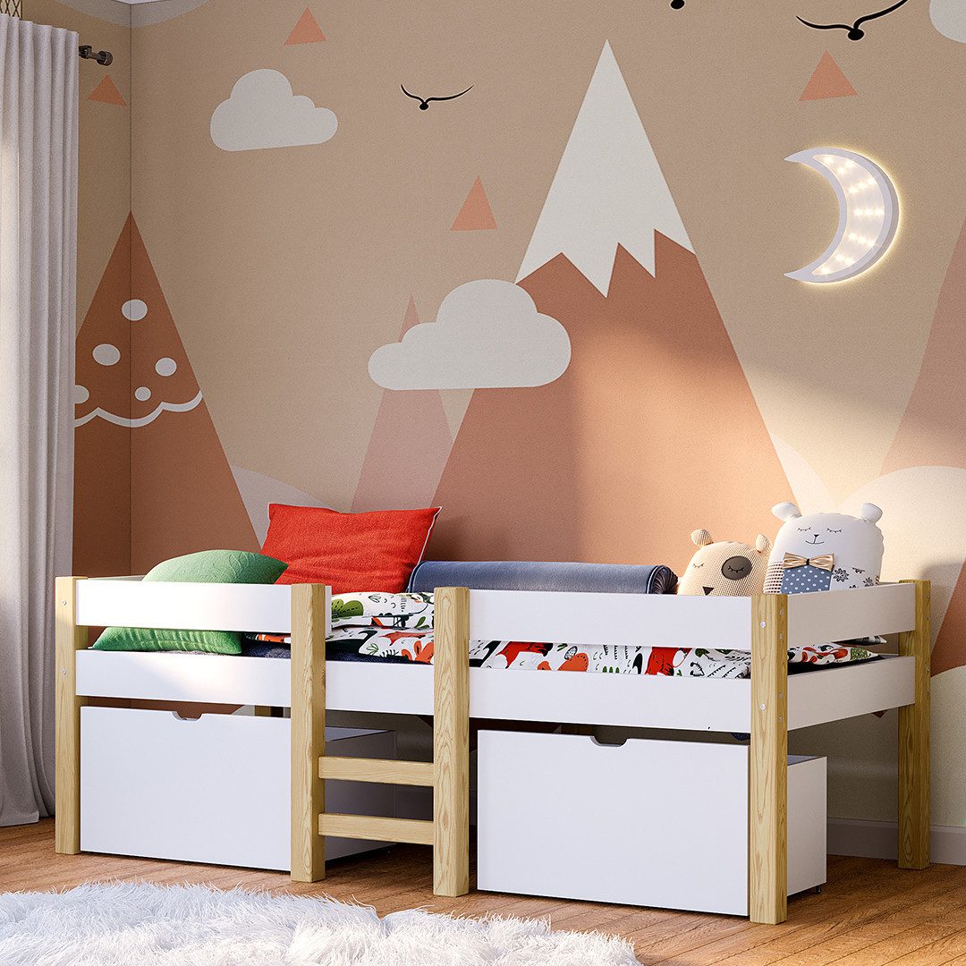 Bellabino Hochbett Aspy mit Rausfallschutz und Lattenrost 90x200 cm (natur günstig online kaufen