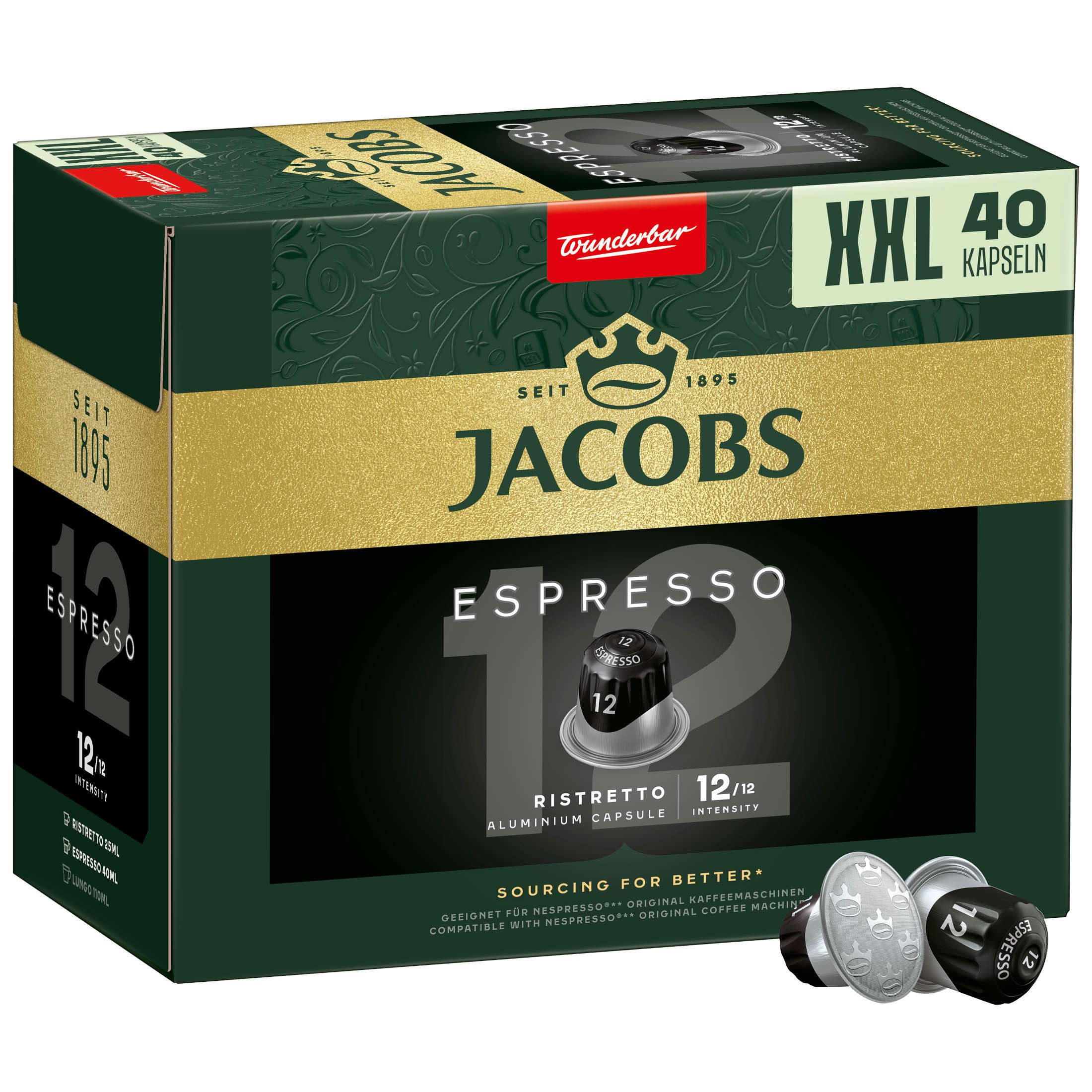 JACOBS Kaffee Kapseln Espresso 12 Ristretto XXL-Pack 5 x 40 Nespresso®* kompatibel, (Packung, 5er Pack)