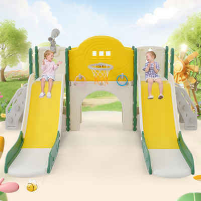 Merax Rutsche 8-in-1 Spielplatz für Kinder, Doppelrutsche mit Fernglas, Basketballkorb, Lasso, Golf, Kinderrutsche