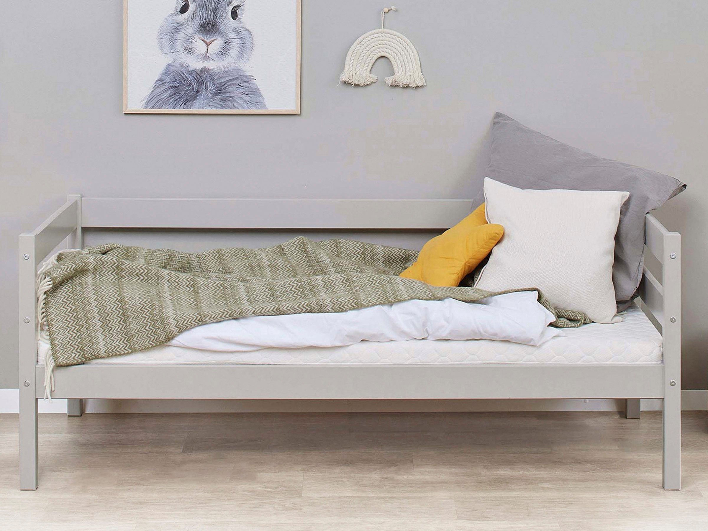 Comfort Einzelbett 8 in ECO wahlweise und Matratze Hoppekids (Set), mit Farben, Dove Absturzsicherung Grey Rollrost mit