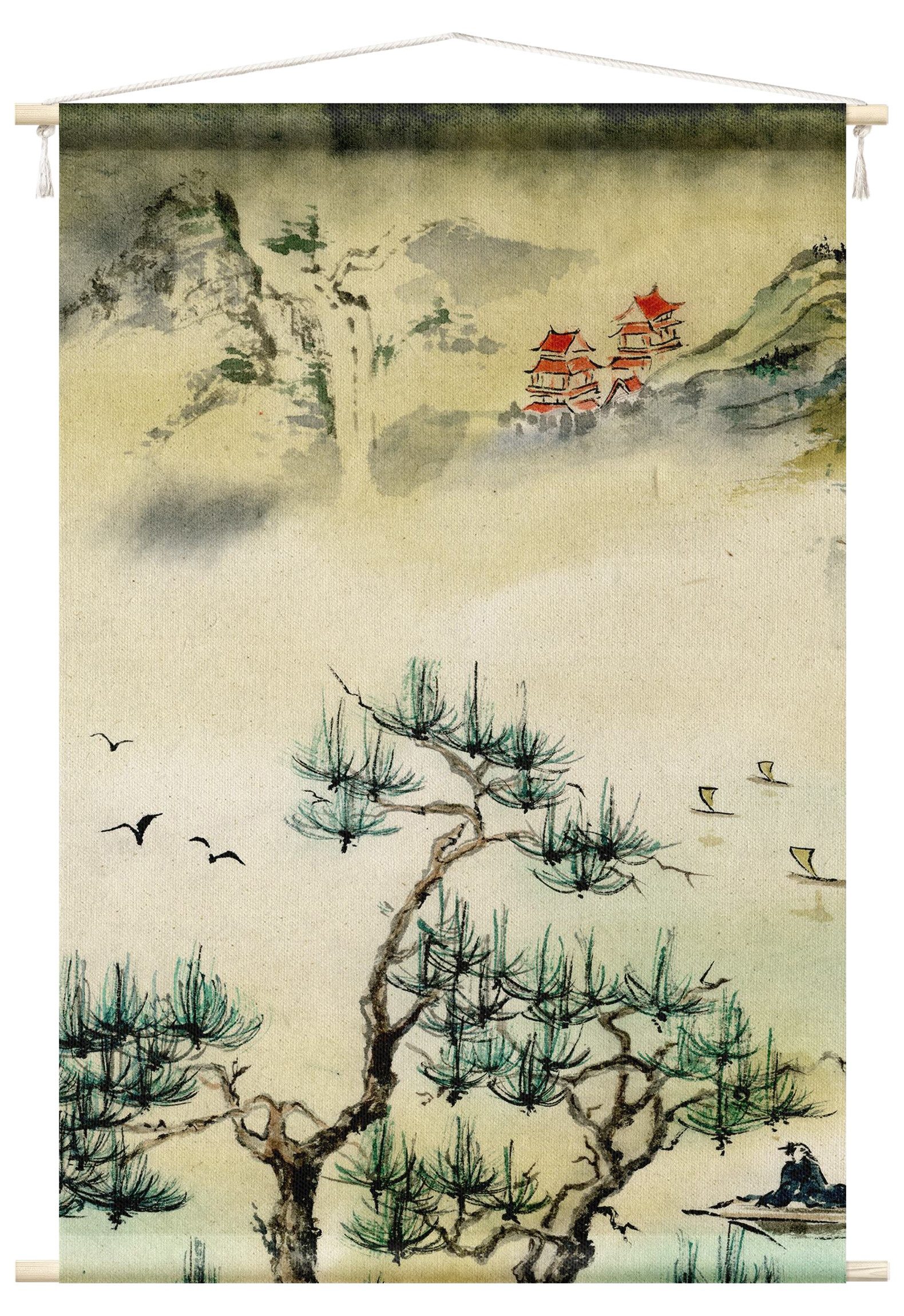 Bilderdepot24 Wandteppich modern Wald Aquarell Natur Vintage grün, rechteckig, Höhe: 2.6 mm, großes Wandbild aus Natur-Baumwolle Wandbehang Stoffbild Tuch Wollseil