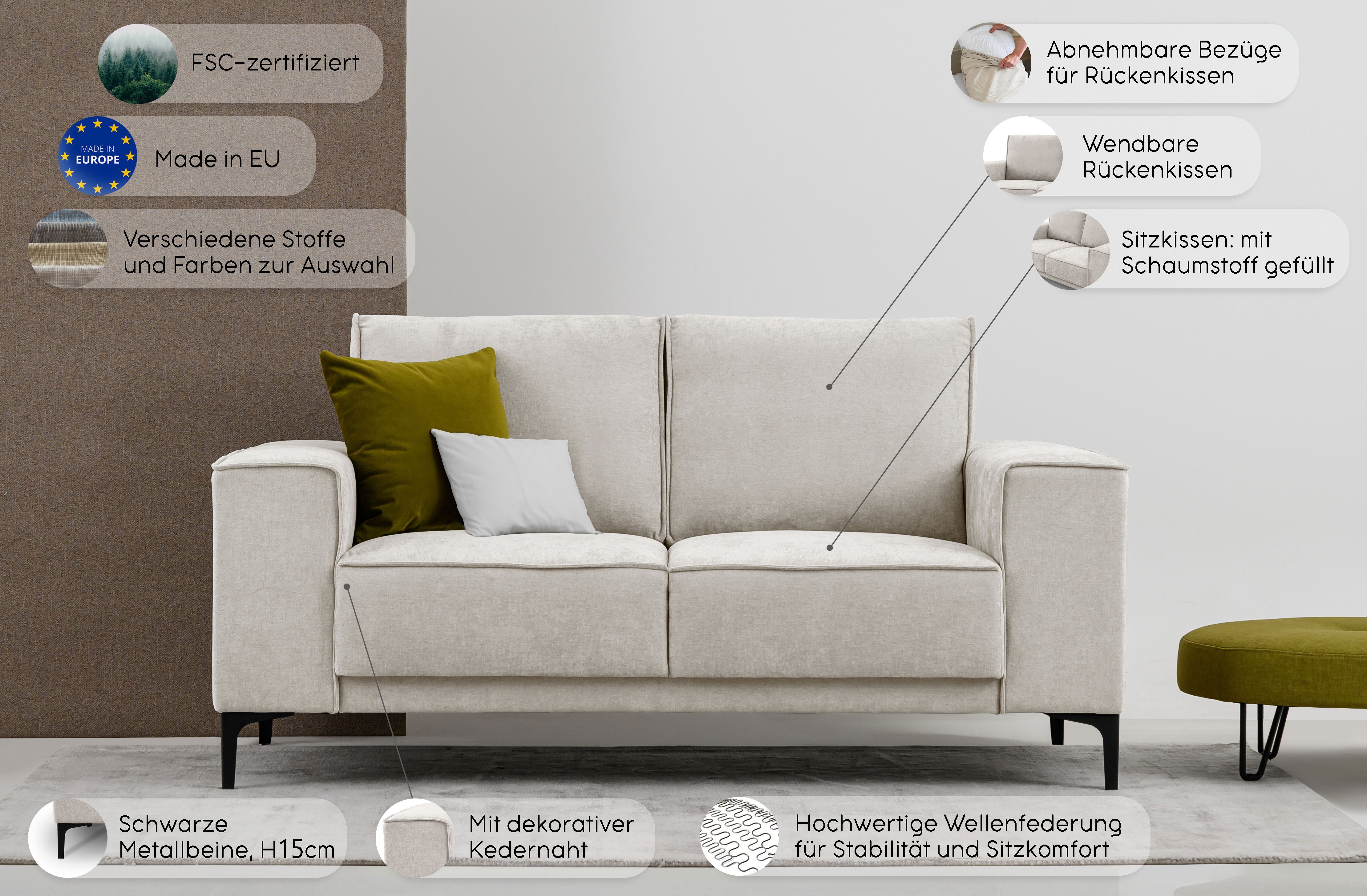 OTTO home 2-Sitzer OLAND Struktur fein, Sofa, B: 164 cm, Skandi-Design