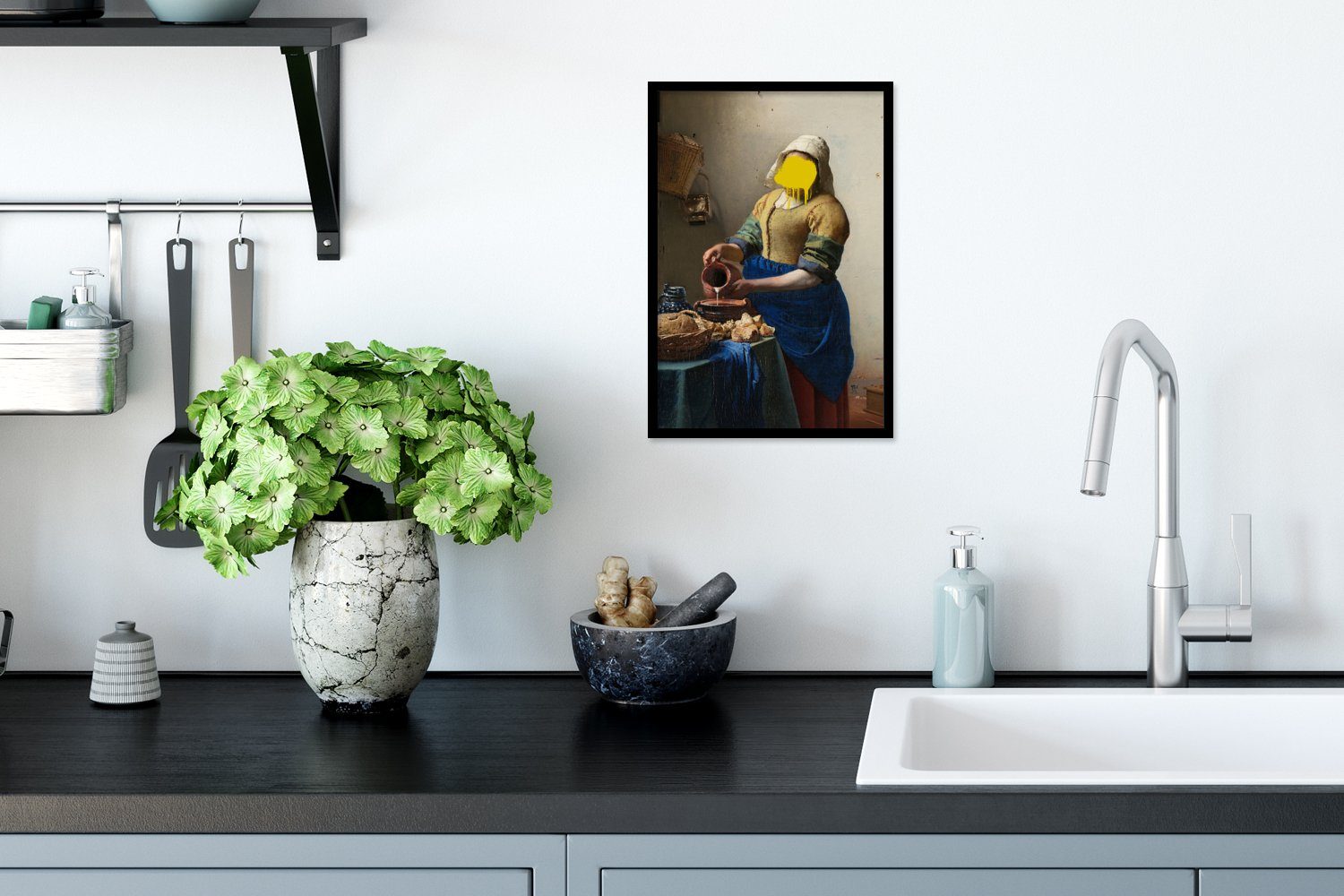 Schwarzem - Johannes Wanddeko, MuchoWow Bilderrahmen Vermeer - Gemälde, Poster, Milchmädchen Poster Gerahmtes (1 Wandposter, Bilder, St),