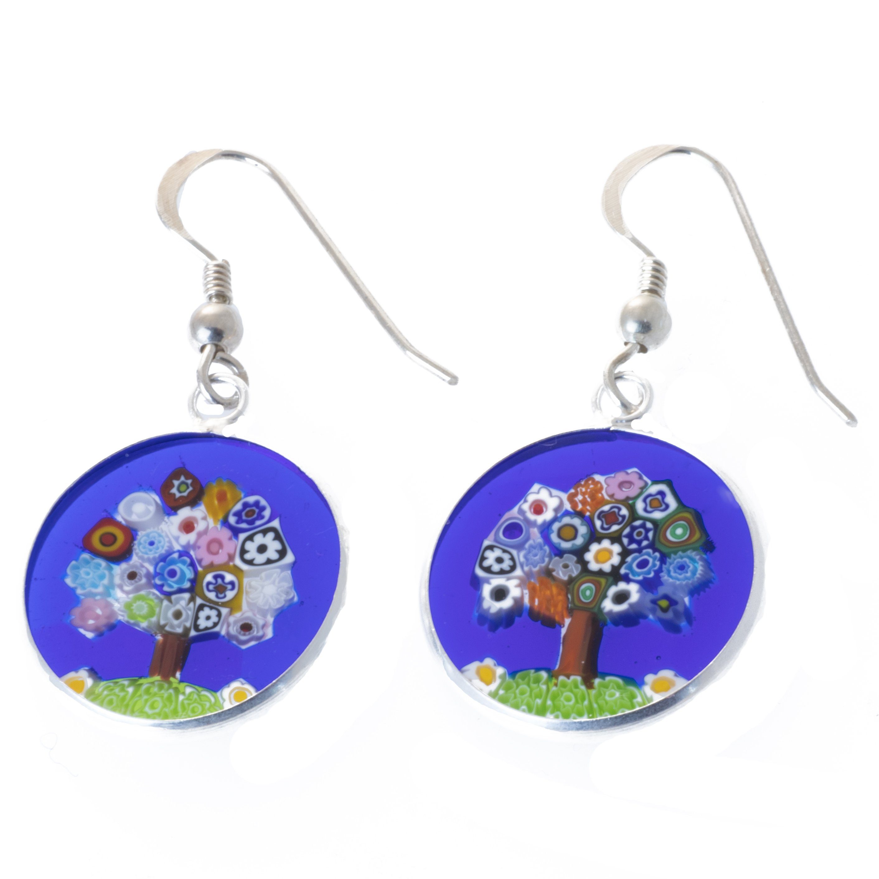 Paar Ohrhänger Ohrringe mit Baum des Lebens Millefiori Murano Glas 925 Silber, Murano Glas