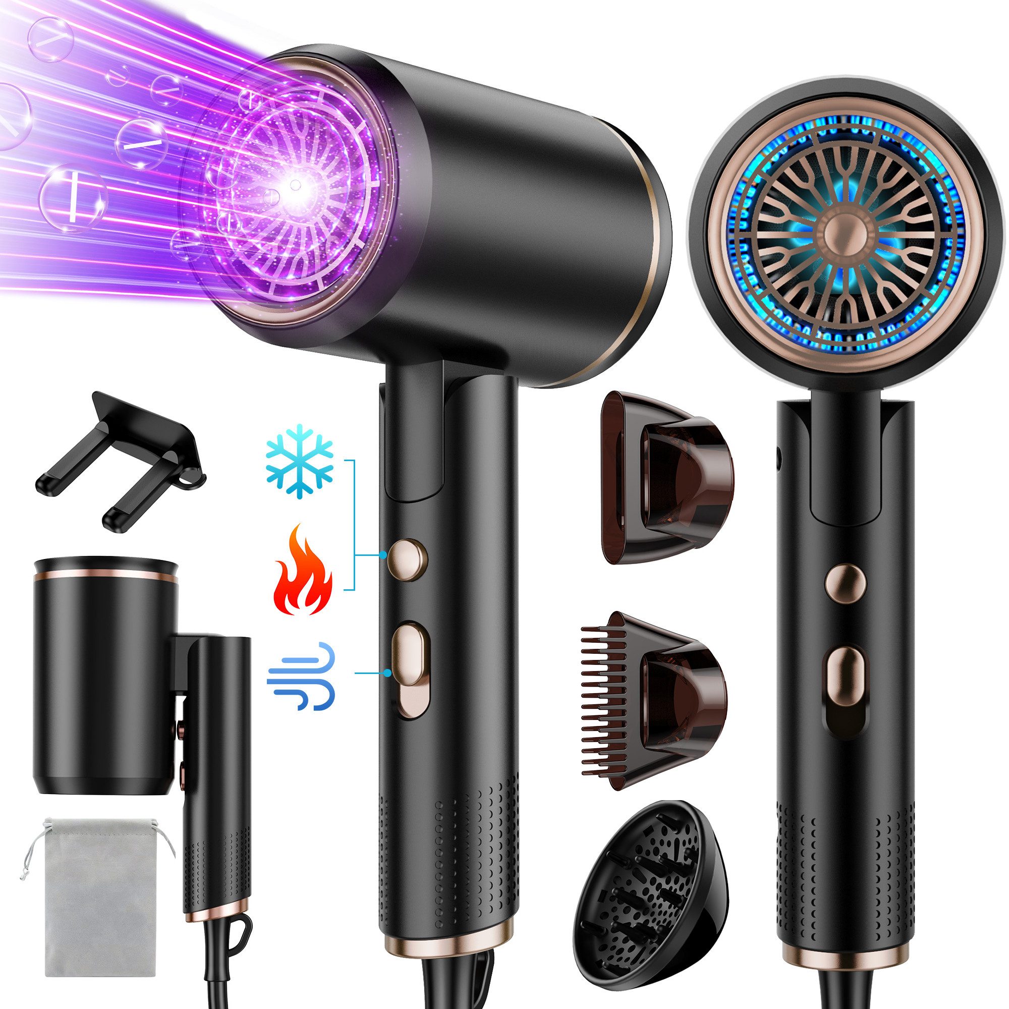 Fyrove Ionic-Haartrockner Föhn,Ionen-Haartrockner 2500W, klappbar, 3 Stylingdüsen, 2400 W, 2 Gebläsestufen, Reise-Föhn, Reiseföhn Hairdryer