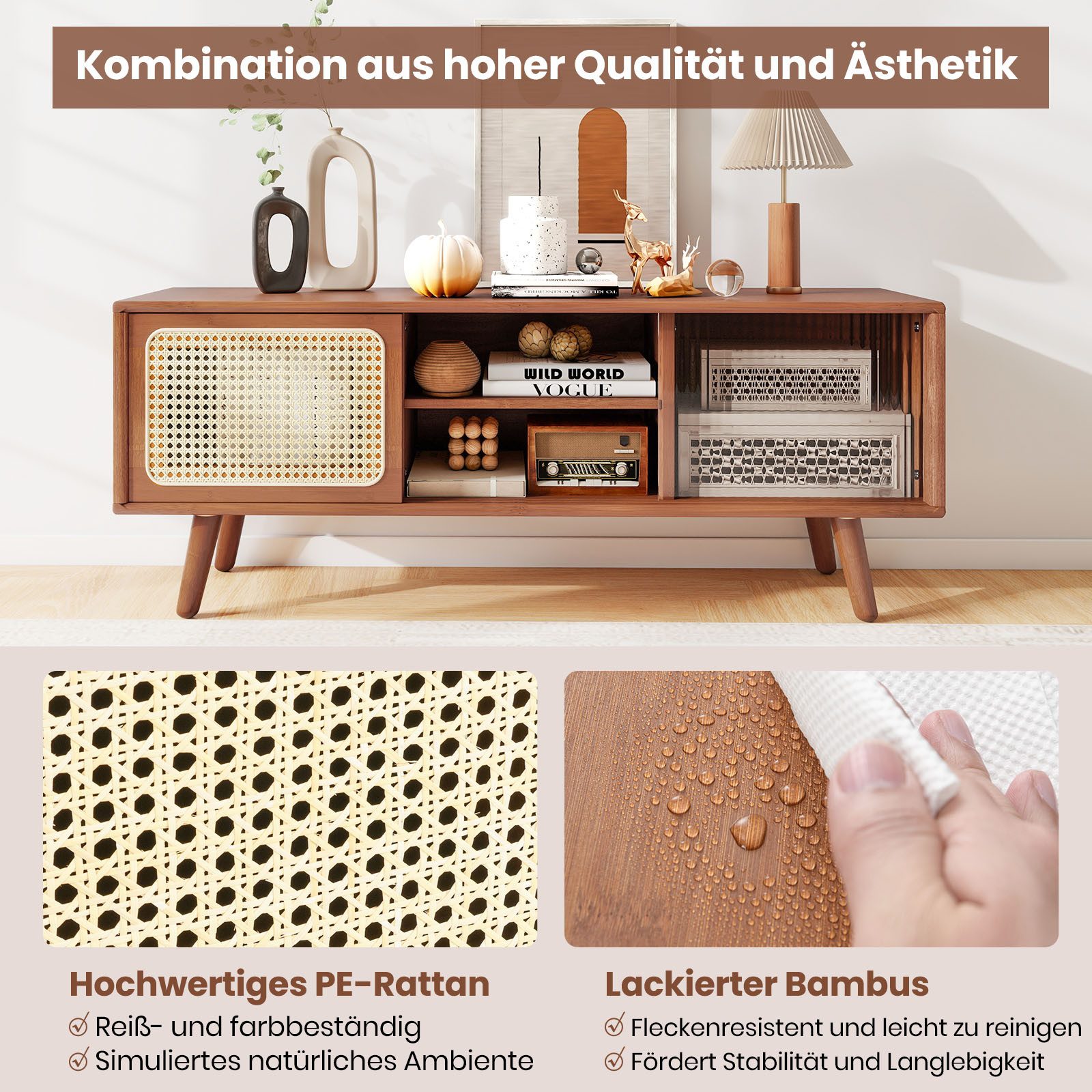 COSTWAY TV-Schrank mit 2 Schiebetüren, Glas und Bambus TV Ständer – Bild 3 von 5