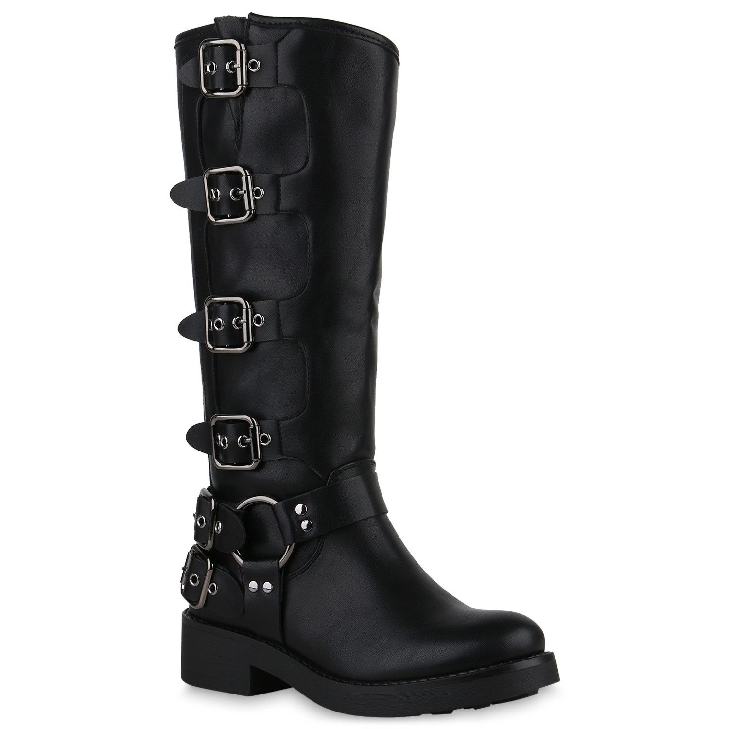 VAN HILL 840848 Stiefel Damen Leicht Gefütterte Bikerstiefel Schnallen Nieten