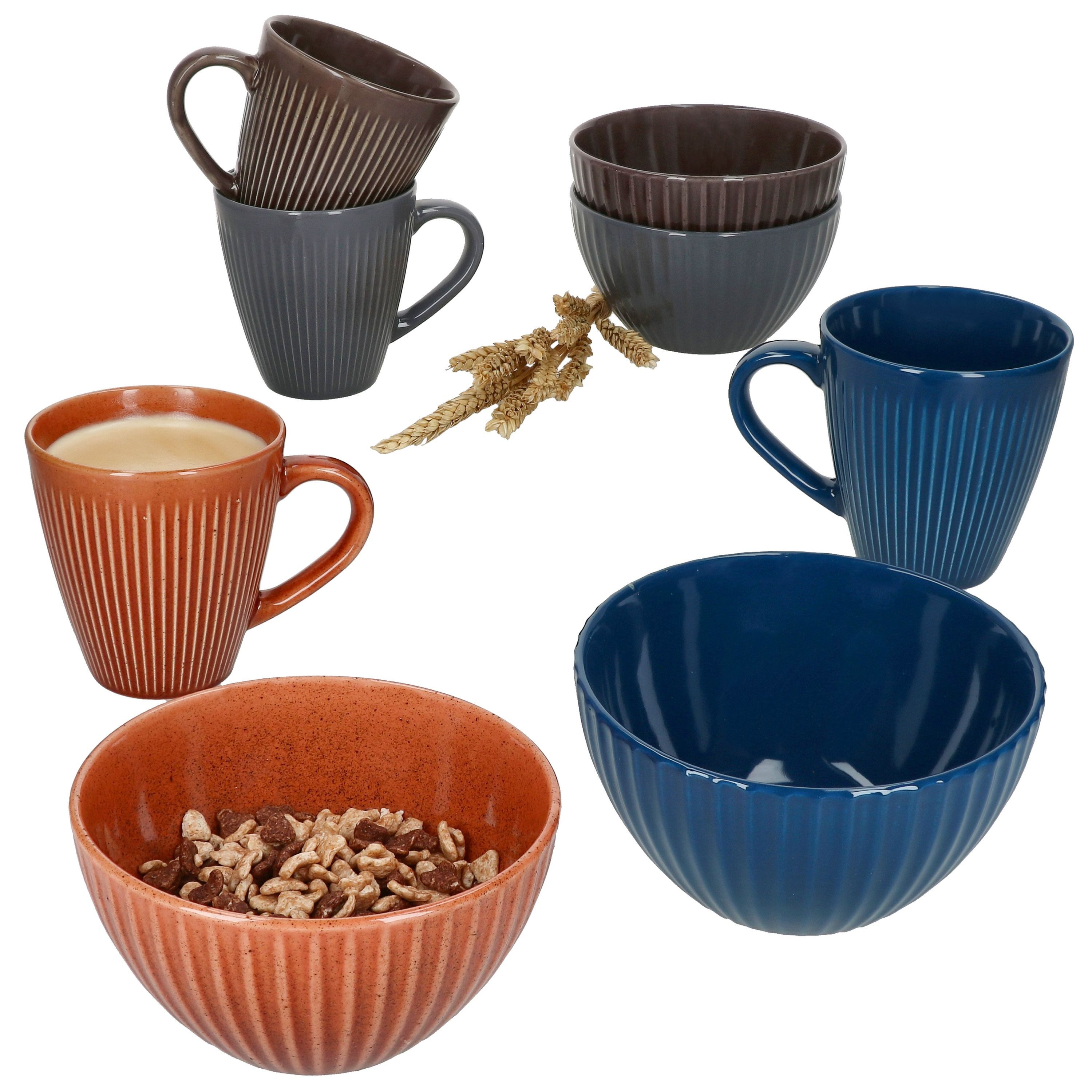 MamboCat Frühstücks-Geschirrset MamboCat Amor 8tlg Set Keramik Schalen Becher Rillen-Struktur Geschirr, Keramik