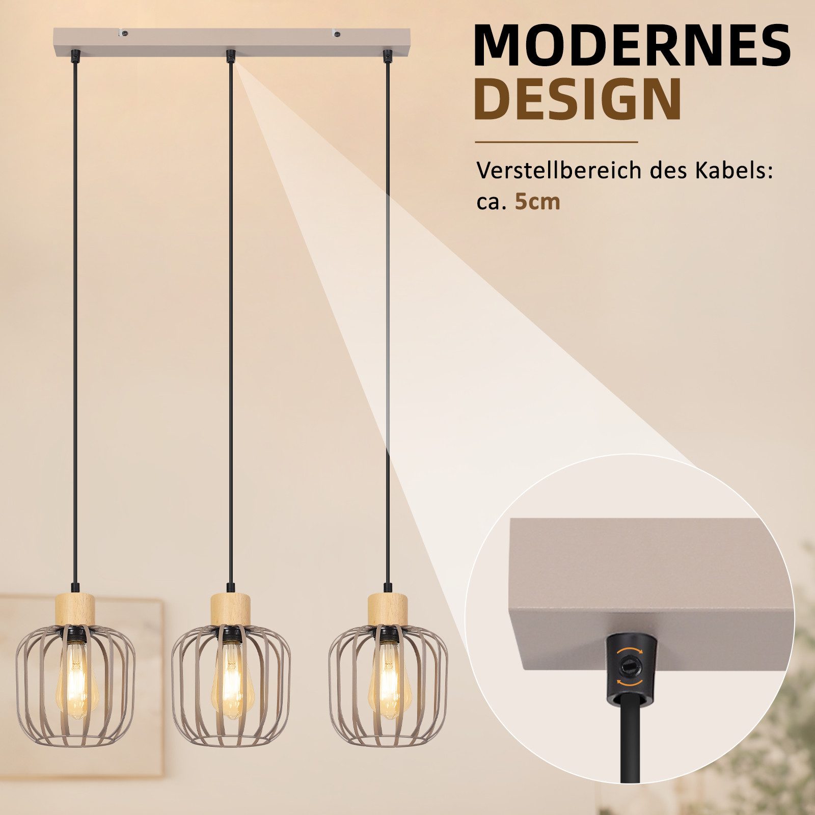 Nettlife Pendelleuchte Weiß/grau 1/3flammig Holz moderne Hängelampe E27 Fassung, ohne Leuchtmittel, für Esstisch Wohnzimmer Küche Flur Kücheninsel – Bild 4 von 5