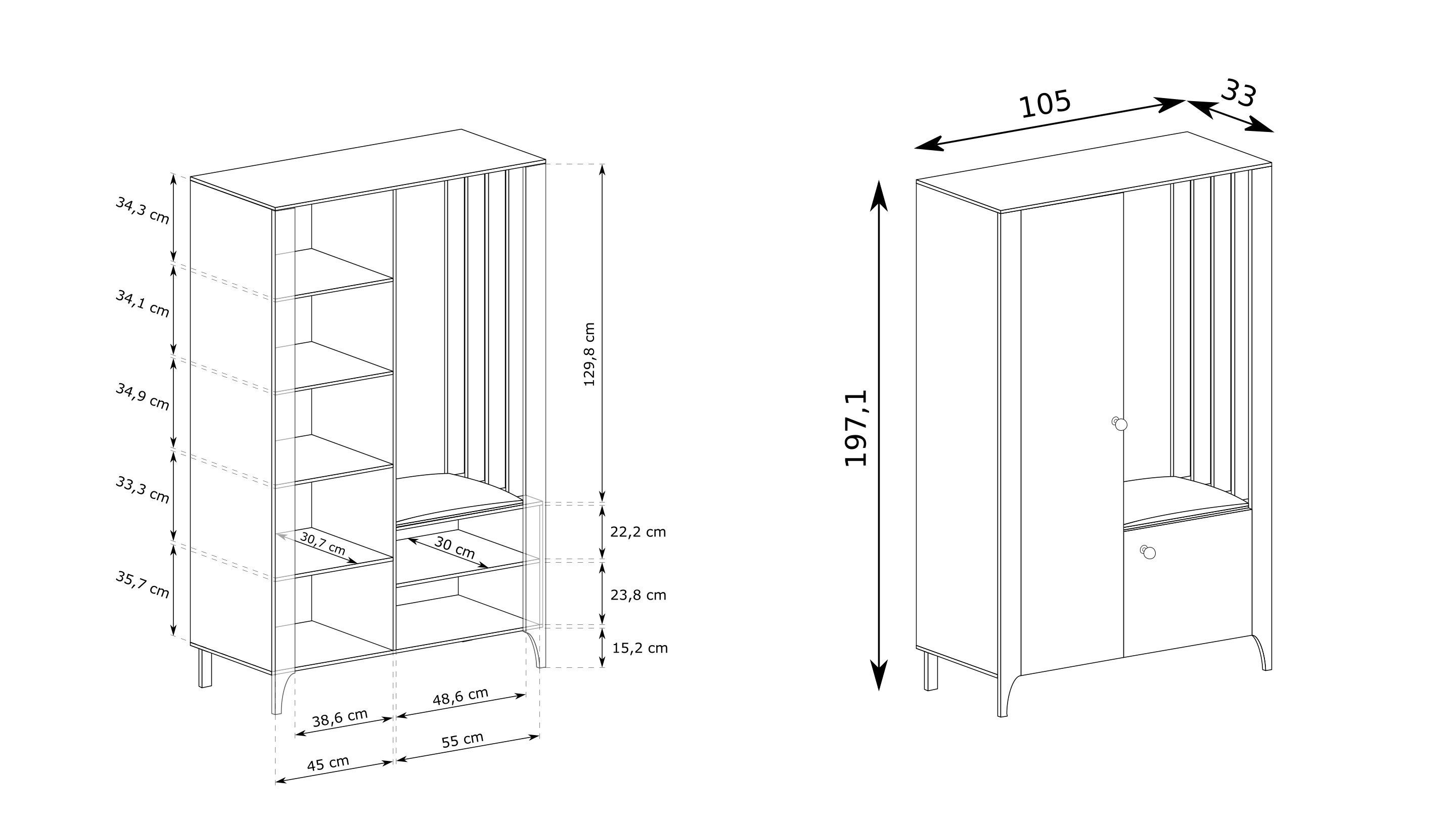 Masseno Garderobenschrank ALICANTE 105 x 197 cm Flurmöbel mit Spiegel und 2 Türen Schwarz