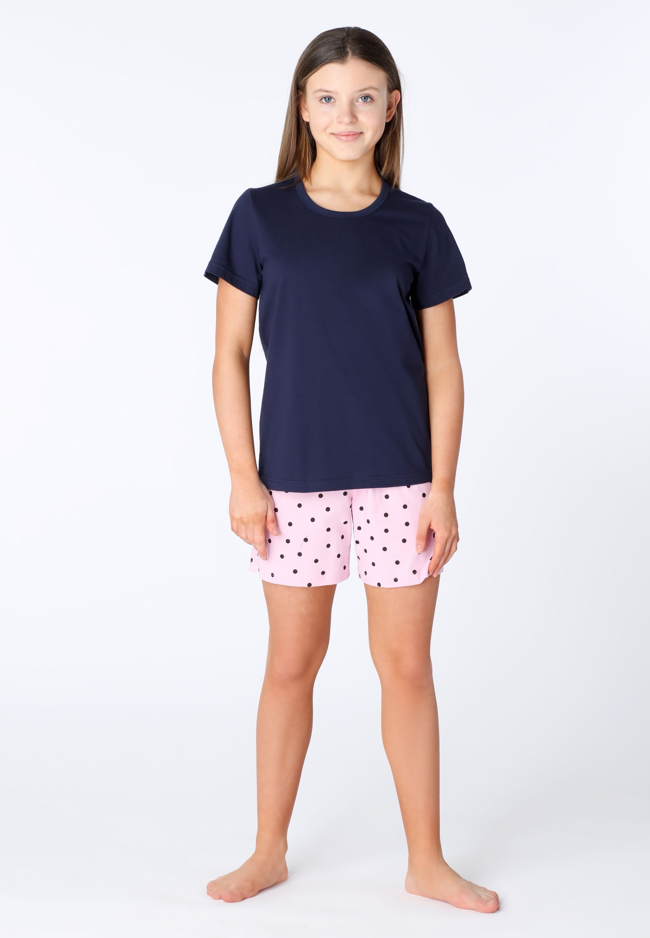 Style Baumwolle Kurz aus Marine/Rosa/Punkte Pyjama Merry MS10-265 Schlafanzüge Schlafanzug Set Mädchen