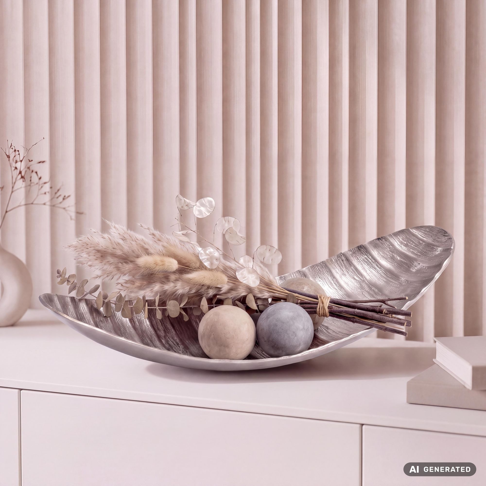 FINEBUY Dekoschale FB87684 Dekoschale 60cm Silber Aluminium Wohnaccessoire Metallschale (Elegante Form für stilvolle Tischdekoration), Modernes Wohnaccessoire mit edler Ausstrahlung
