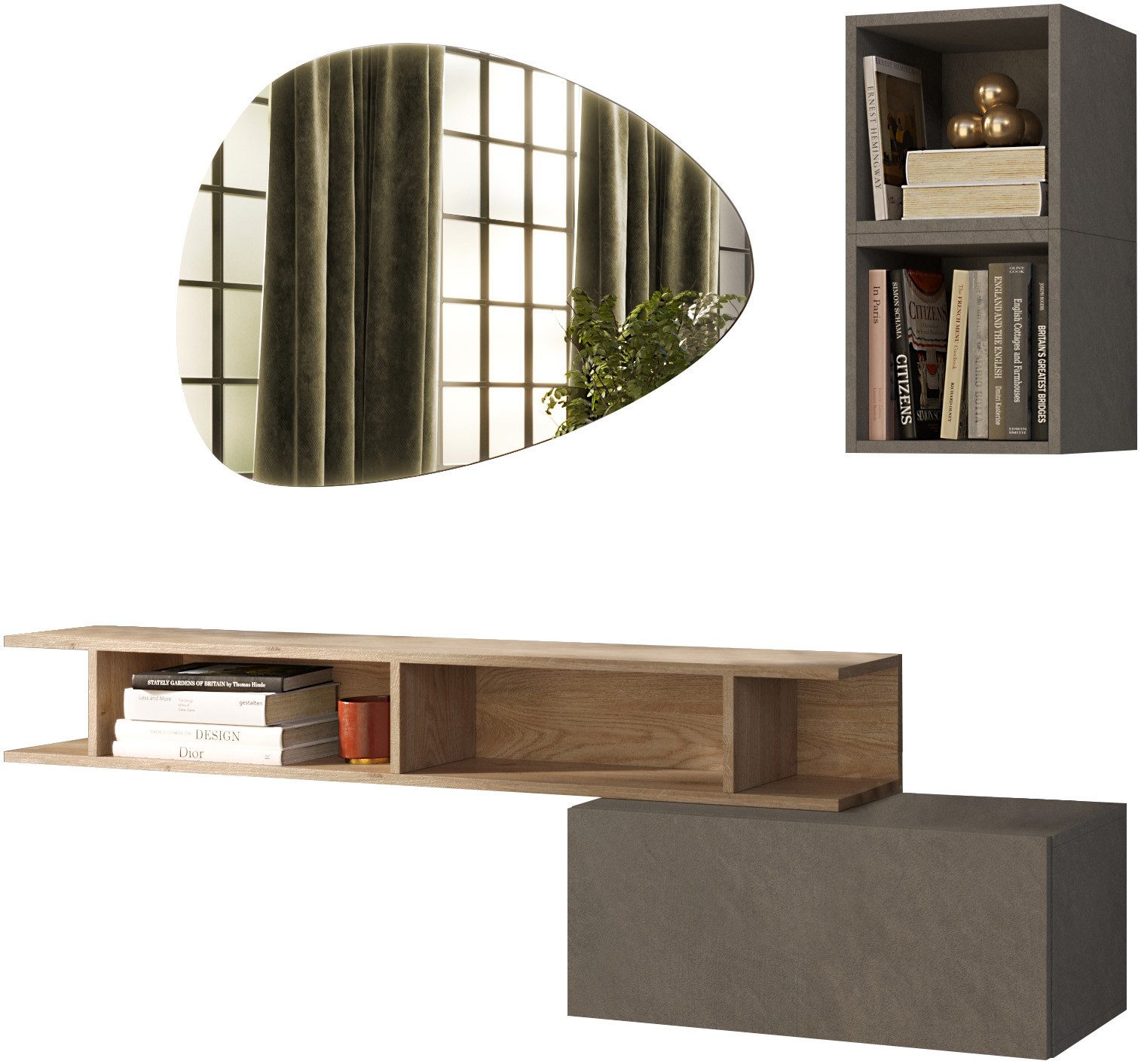 INOSIGN Шафи-Set INFINITY, 4tlg. Breite 150 cm, Höhe variabel, moderne Garderobe, (Spar-Set, 4-St), (Hängeschrank, Wandregal, Würfelregal 2er Set, Spiegel) Diele, Flur