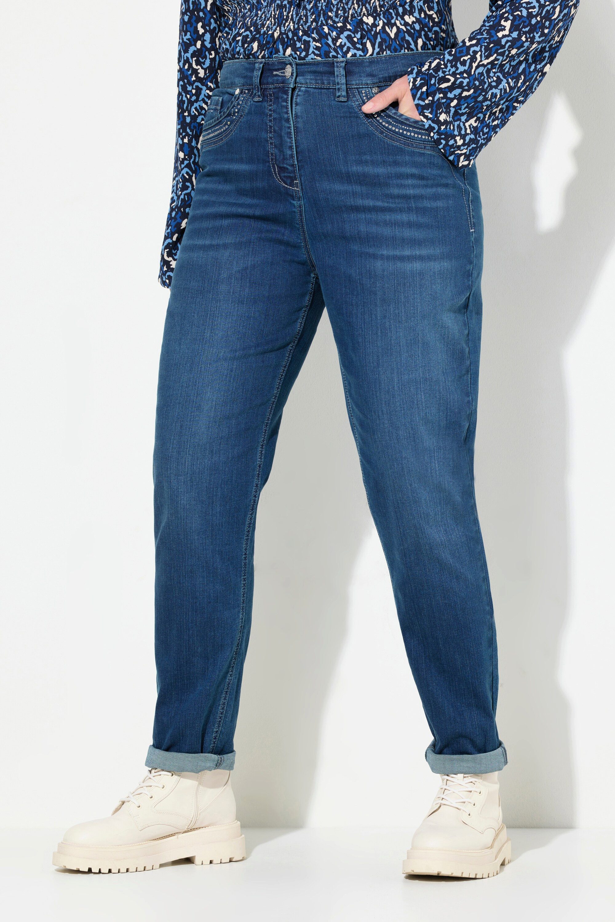 Ulla Popken Regular-fit-Jeans Mom-Jeans weites Bein Ziernieten Komfortbund