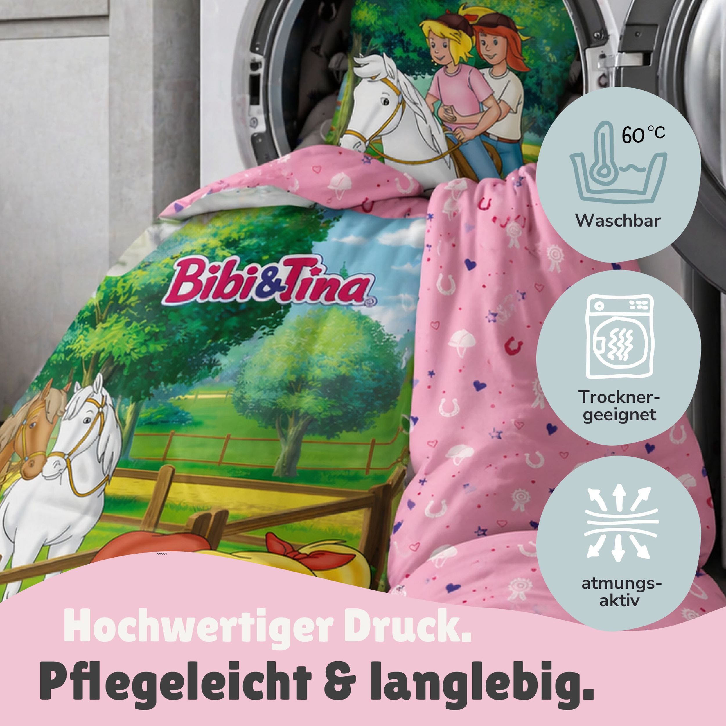 Familando Kinderbettwäsche Bibi und Tina, 100% Baumwolle, Rosa mit Pferden für Mädchen, Renforcé, 2 teilig, 135x200 80x80cm mit Reißverschluss, Wendebettwäsche – Bild 4 von 5