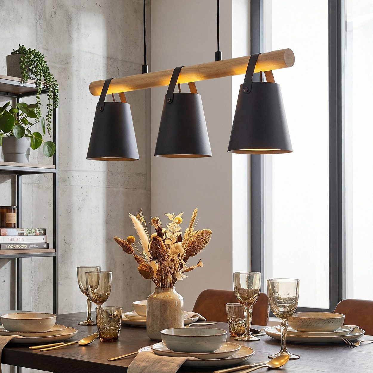 hofstein Hängeleuchte Hängelampe aus Metall/Holz/Kunststoff in Schwarz/Natur/Weiß, ohne Leuchtmittel, moderne Pendelleuchte im Boho/Retro-Design mit Holzstab, 3 x E27