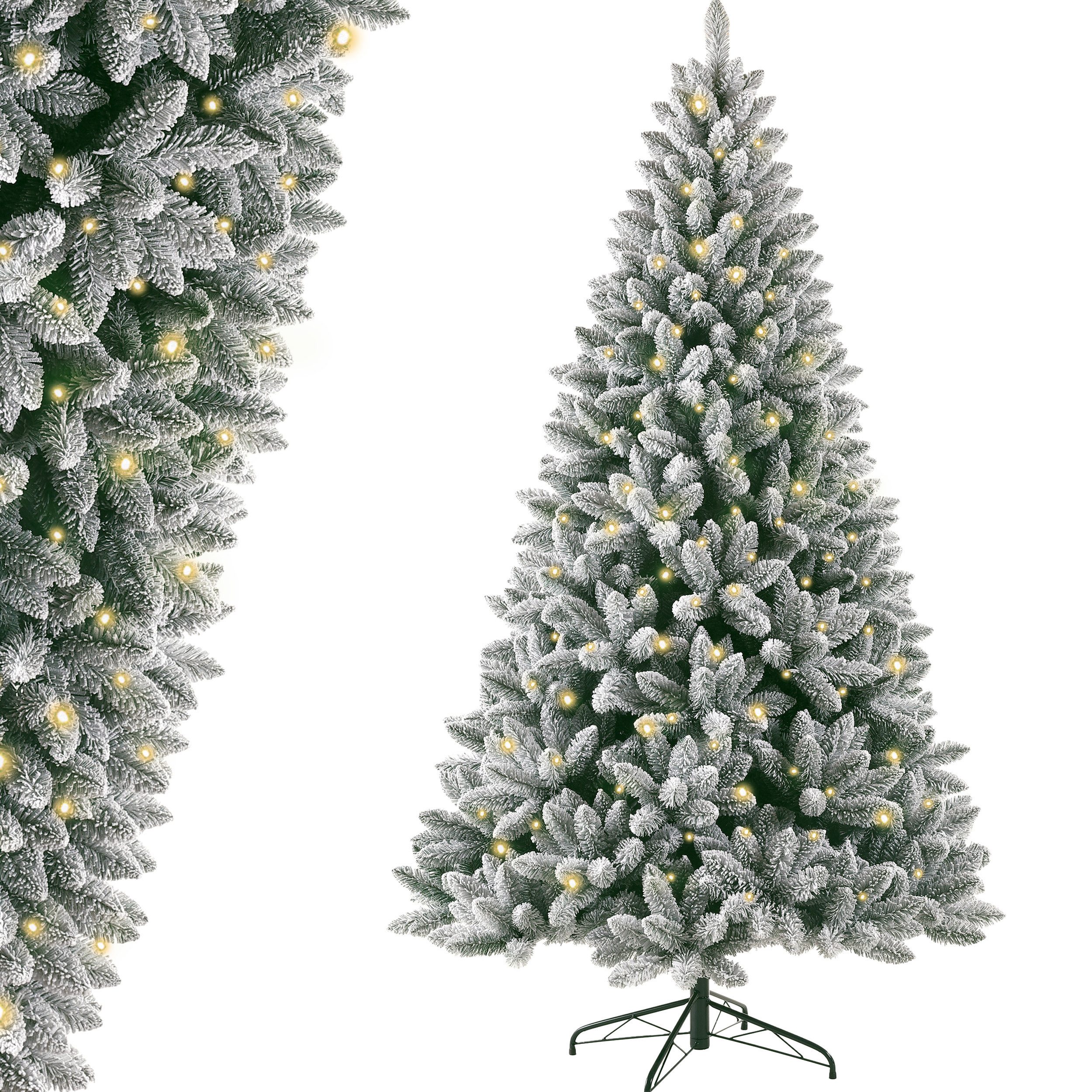 Künstlicher Weihnachtsbaum Tannenbaum mit Lichterkette, 180cm/210cm, Schnee, 100% PVC